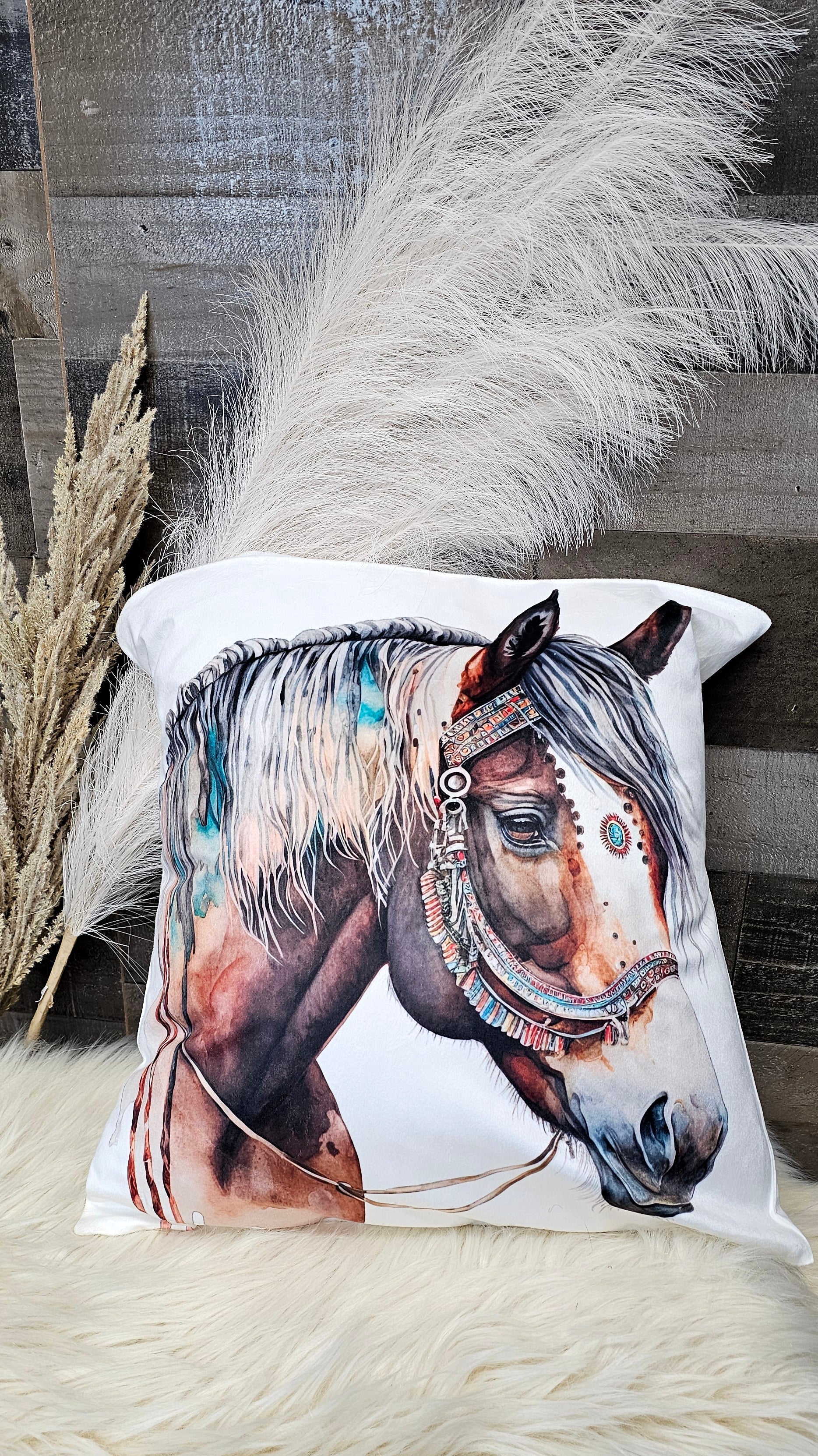 Baha Ranch Fancy Horse on White Velvety Soft Pillow Case Made in America by Baha Ranch Western Wear