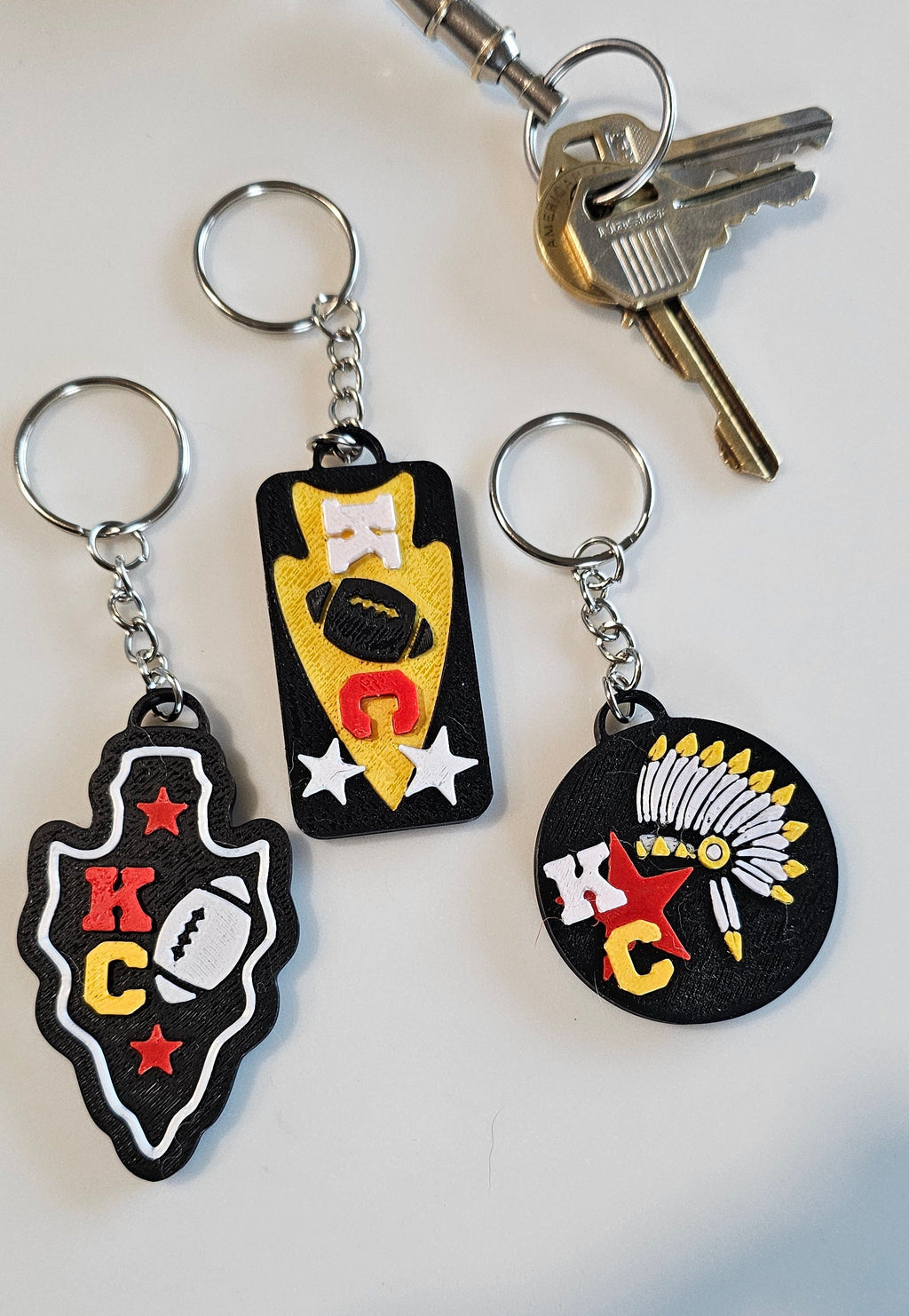 Set of 3 3D Print Chiefs Arrowhead Kc Kansas City Football Keychains Made in America by Baha Ranch Western Wear