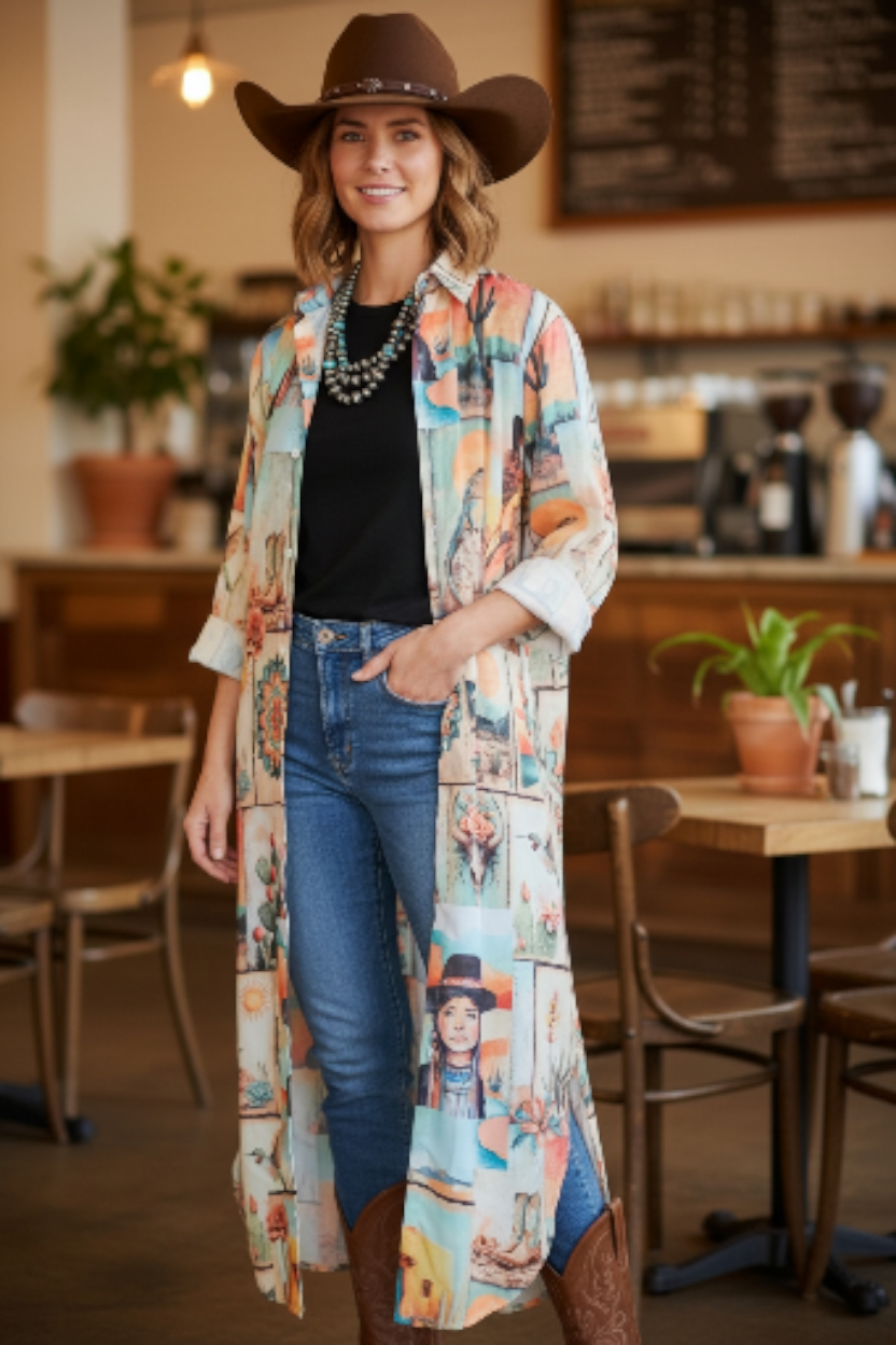 Baha Ranch Colores de Mexico Pictures of the Southwest Button-Up Long Sleeve Shirt Dress Duster by Baha Ranch Western Wear