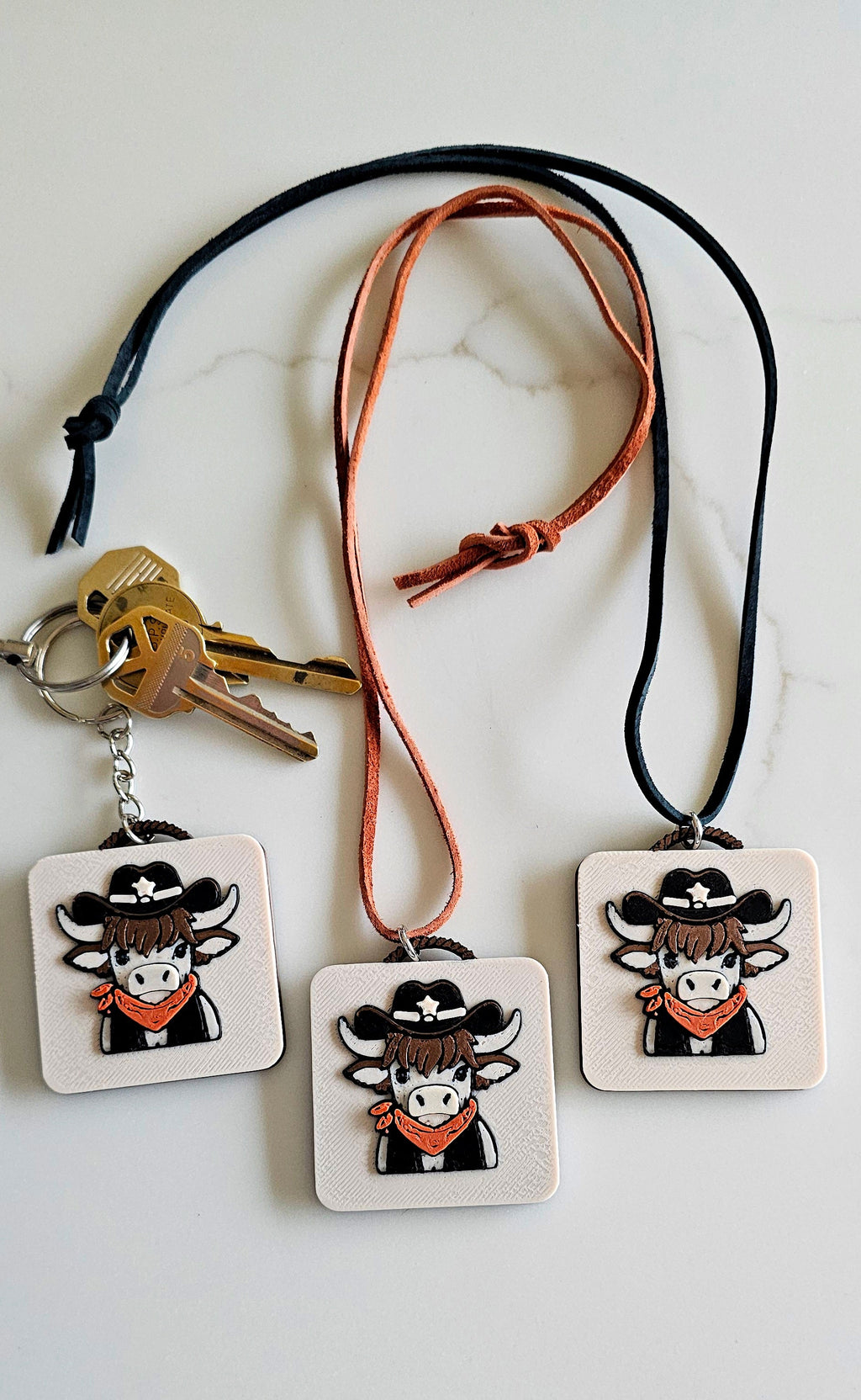 3D Print Cowboy Highland Cow Picture Necklace, Keychain or Purse Charm on Suede Leather Western Made in America by Baha...