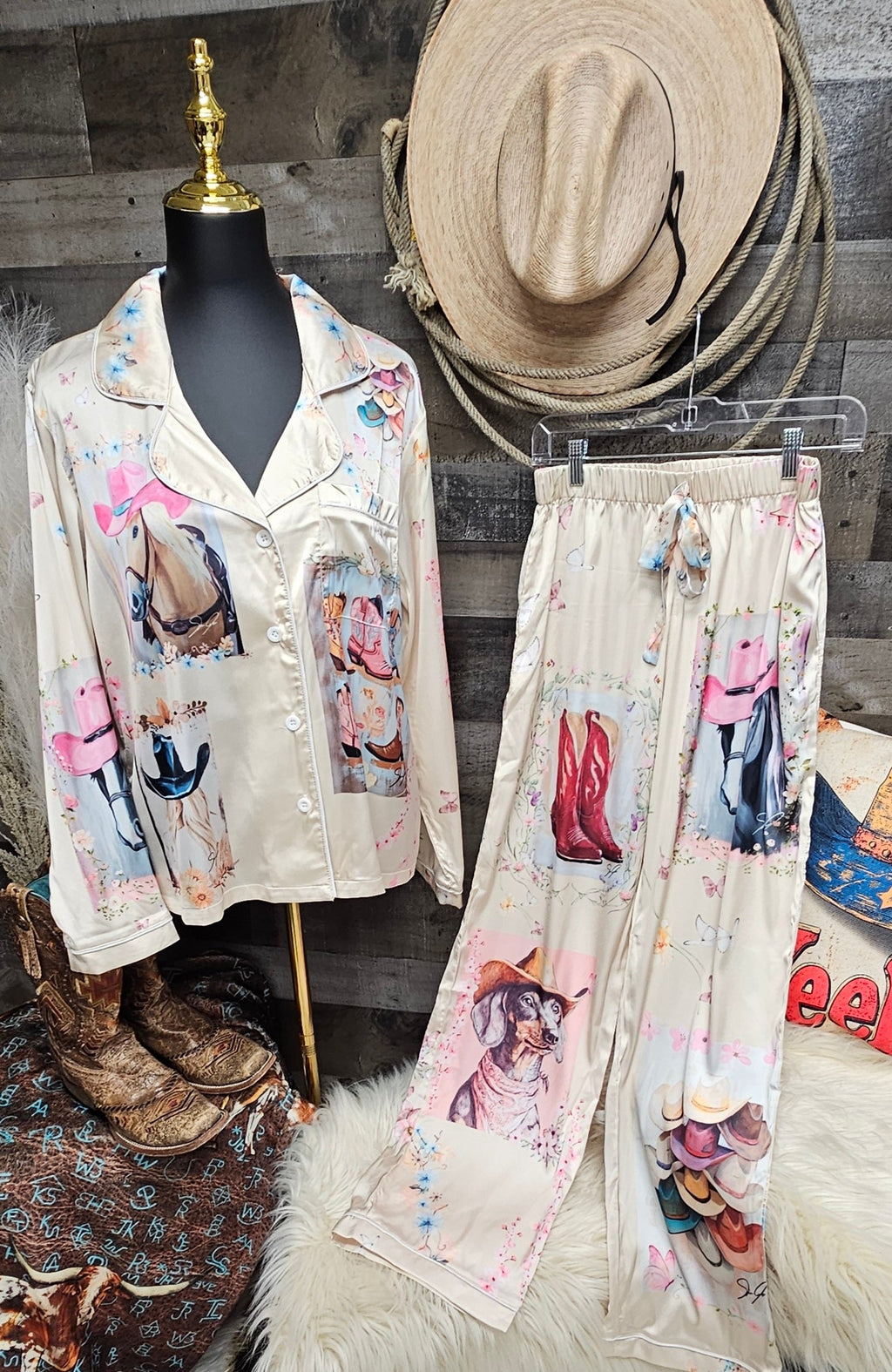 Baha Ranch Danilo Painted Cowgirl Satin Long Pajamas by Baha Ranch Western Wear