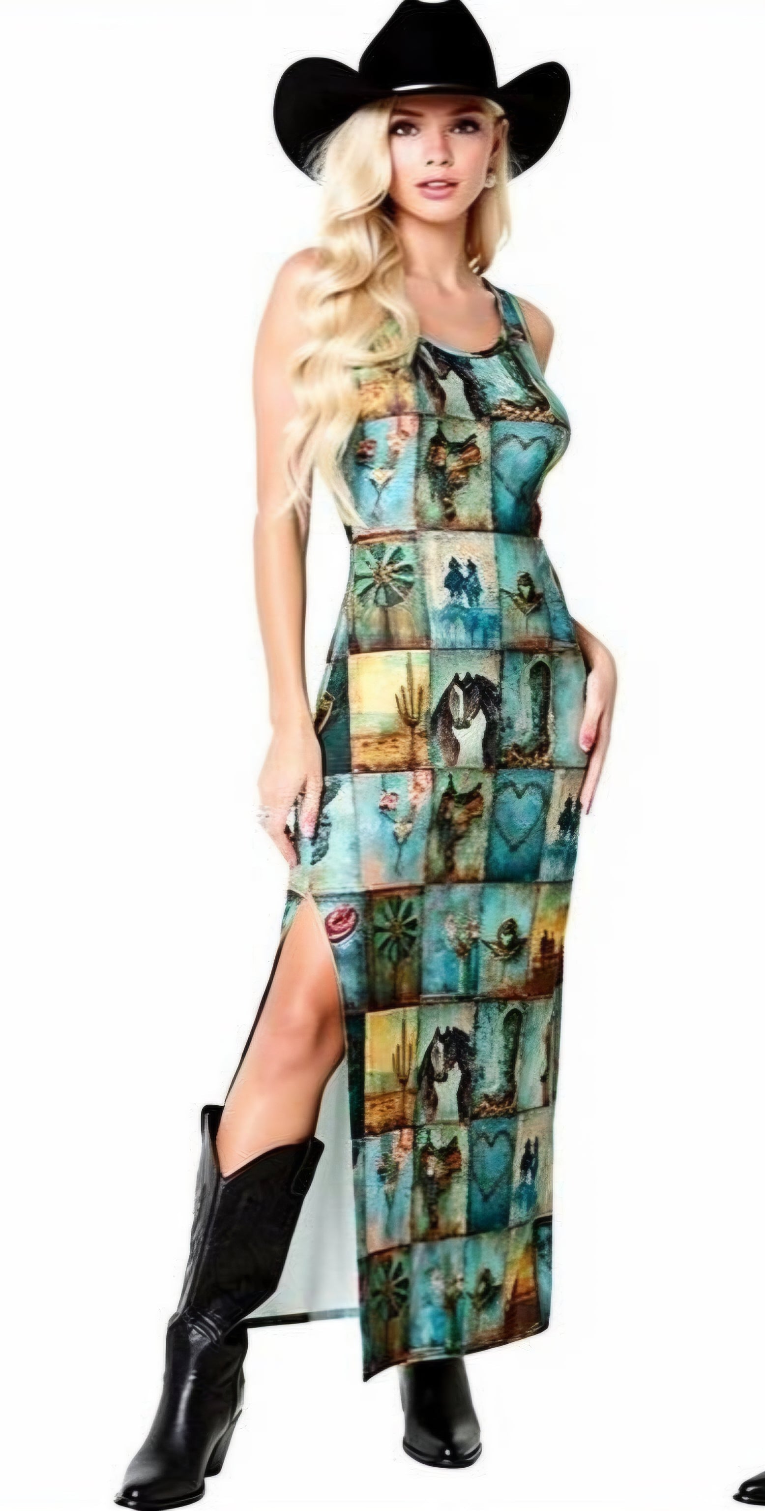 Baha Ranch Turquoise Dreams Sleeveless Bodycon Side Slit Long Dress by Baha Ranch Western Wear