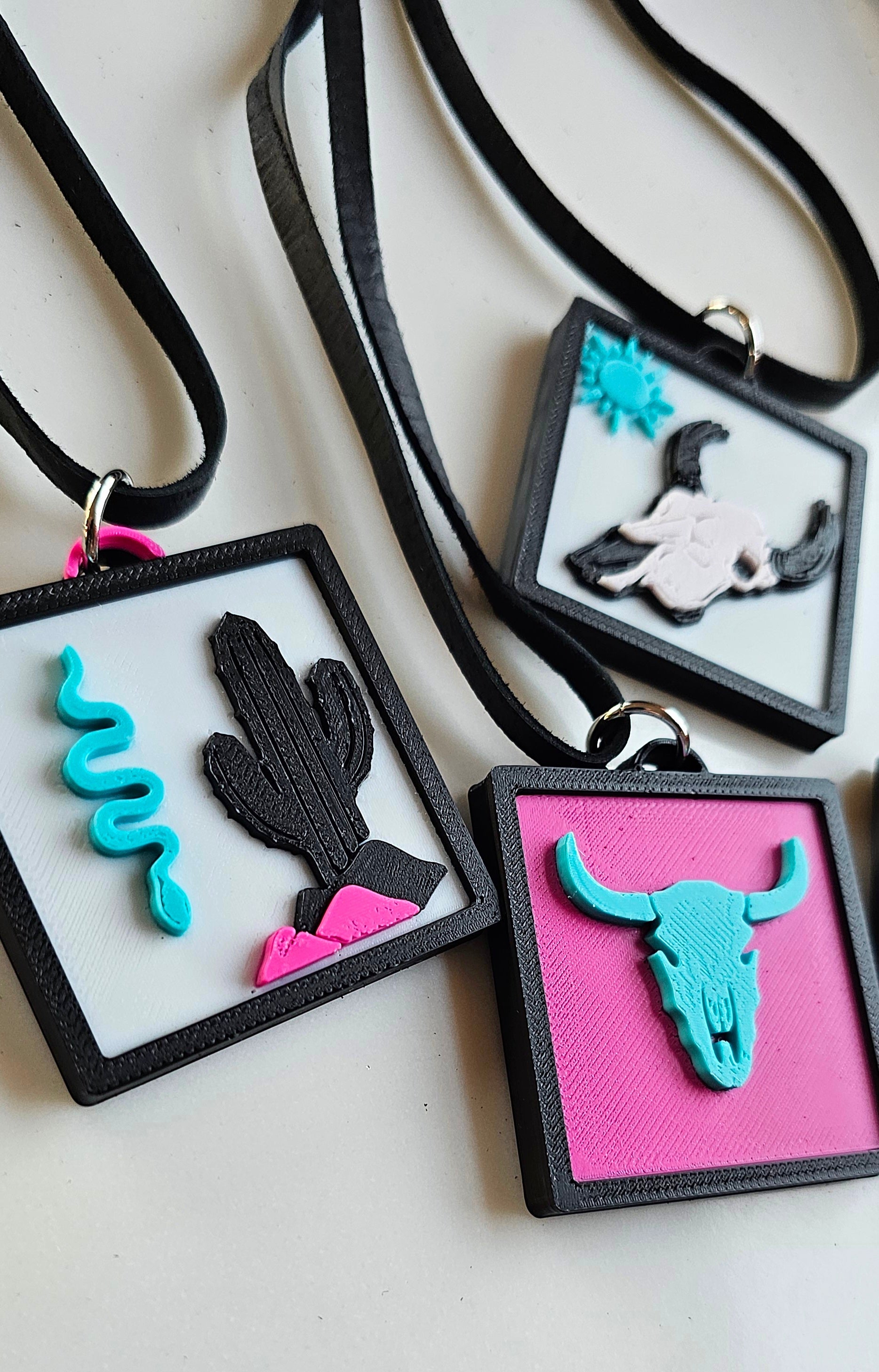 3D Print Picture Necklace on Deerskin Leather Western Bull Skull Desert Cactus Made in America by Baha Ranch Western Wear...