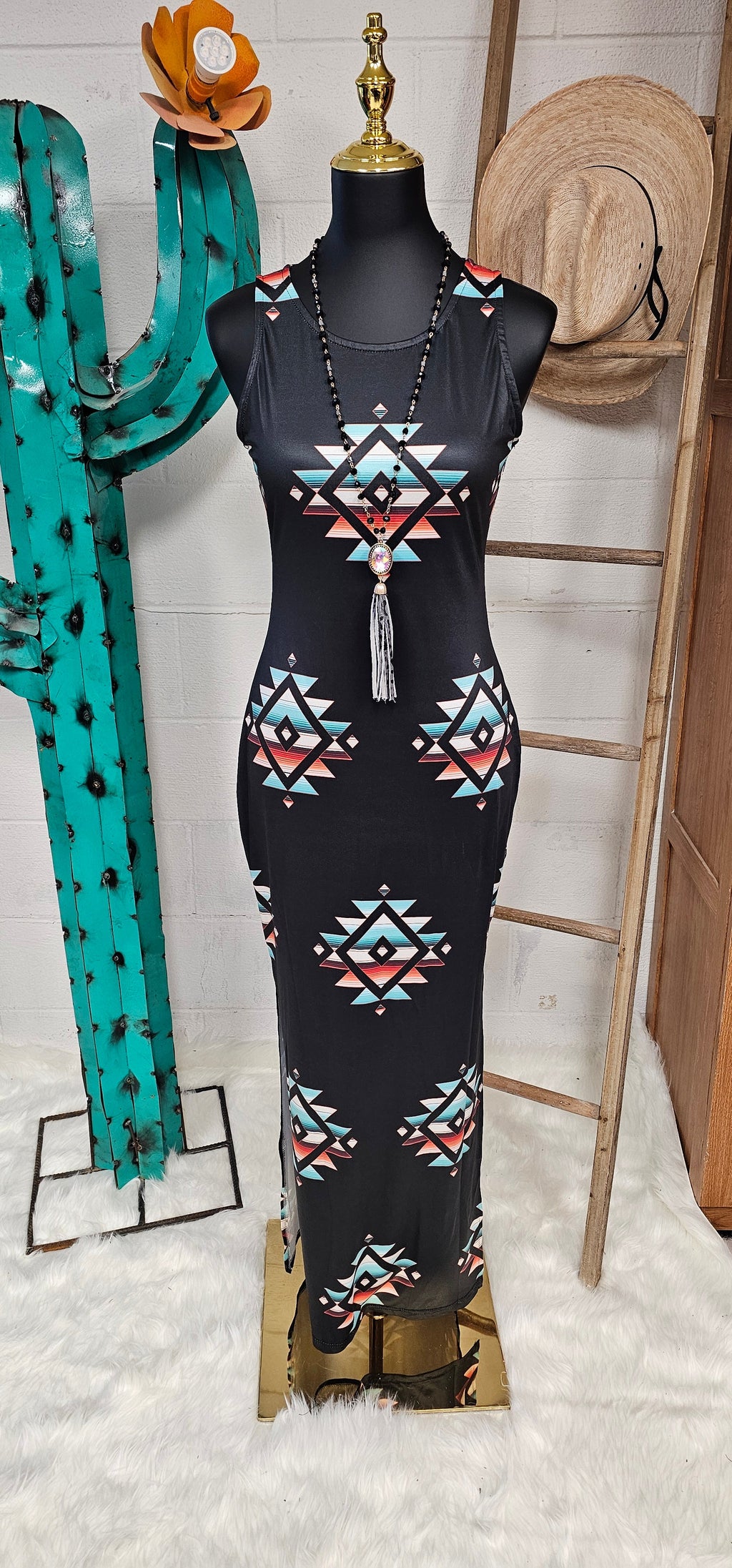 Baha Ranch Southwestern Aztec Sleeveless Bodycon Side Slit Western Maxi Dress by Baha Ranch Western Wear