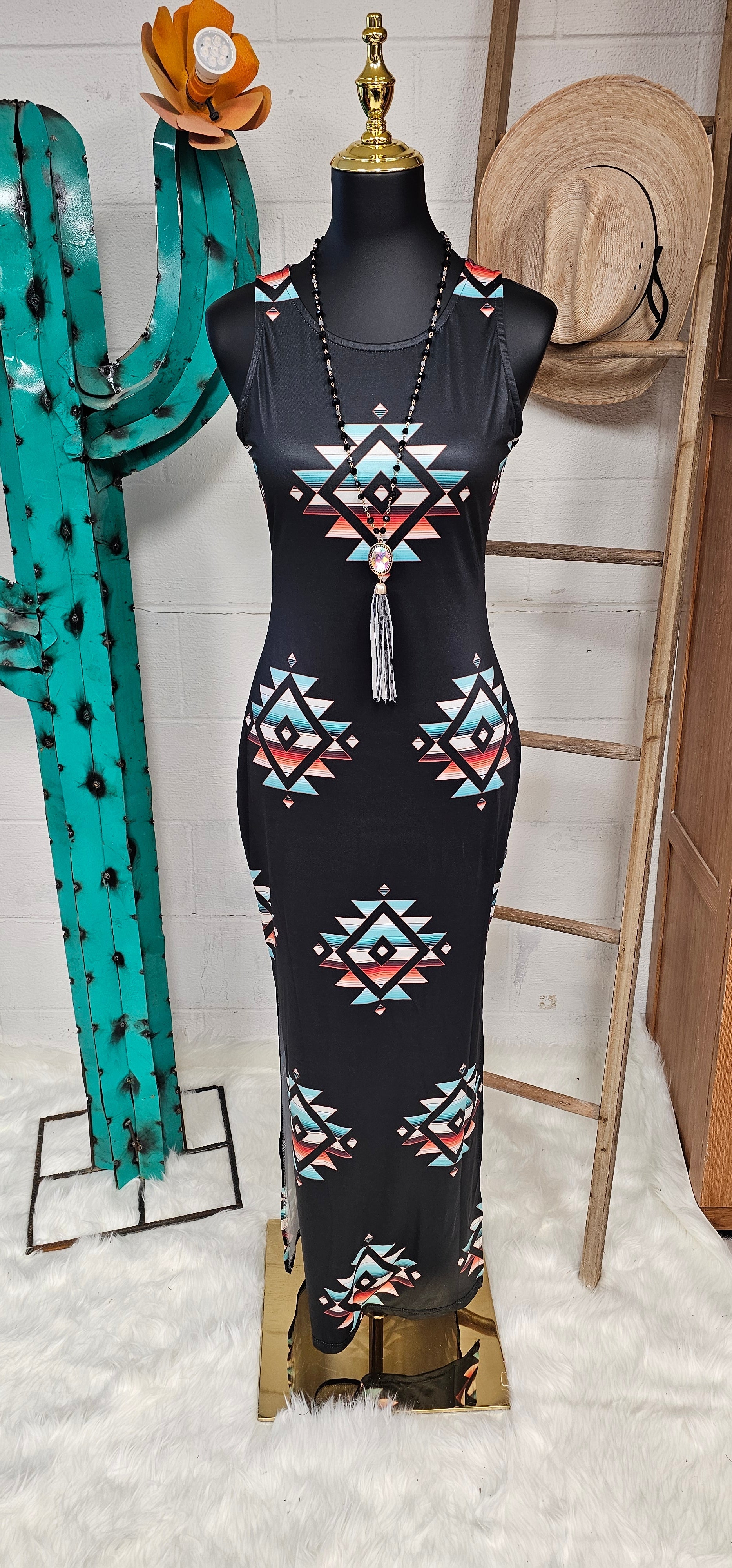 Baha Ranch Southwestern Aztec Sleeveless Bodycon Side Slit Western Maxi Dress by Baha Ranch Western Wear