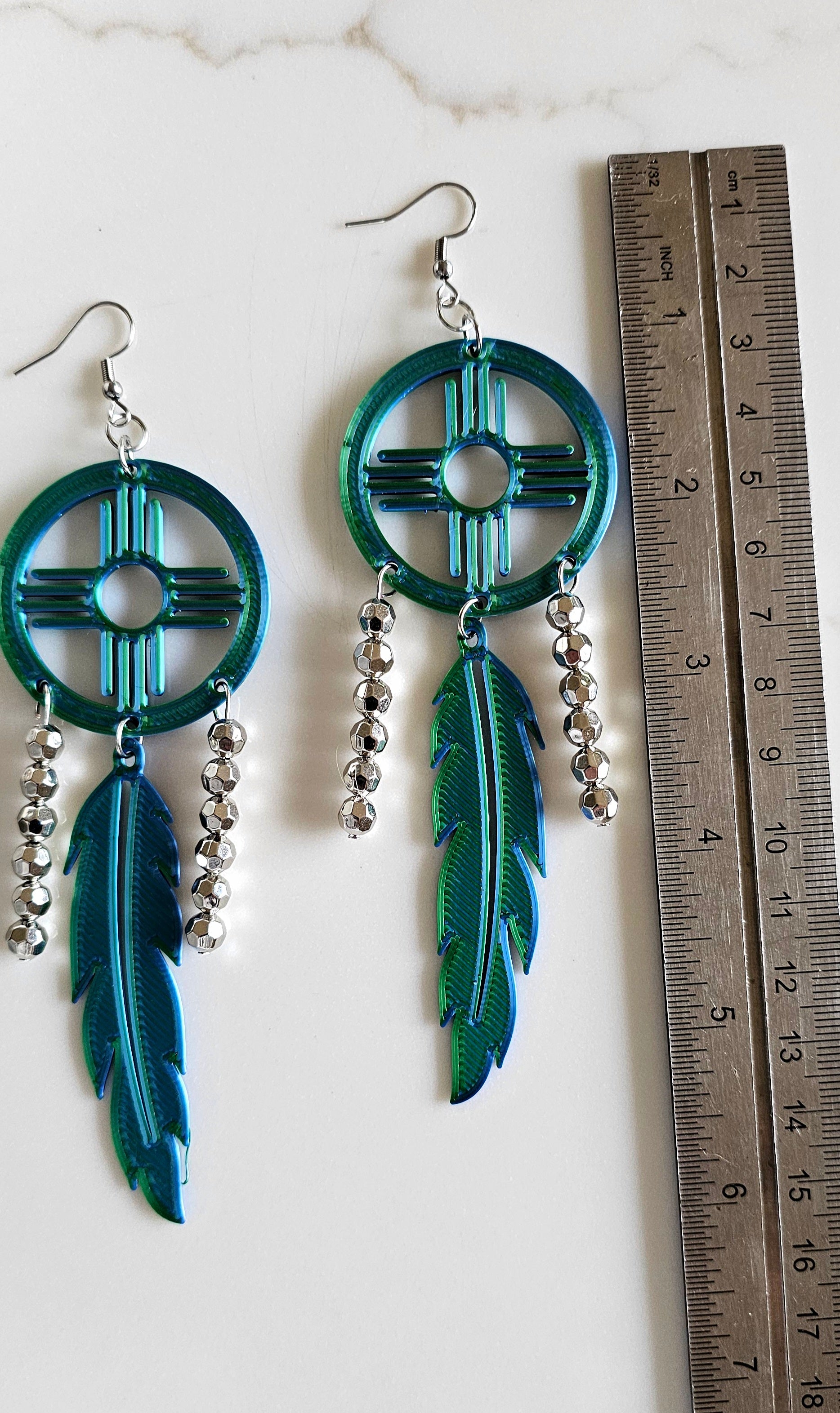 3D print Lightweight Green New Mexico Zia Feather Dream Catcher Earrings Made in America by Baha Ranch Western Wear -...