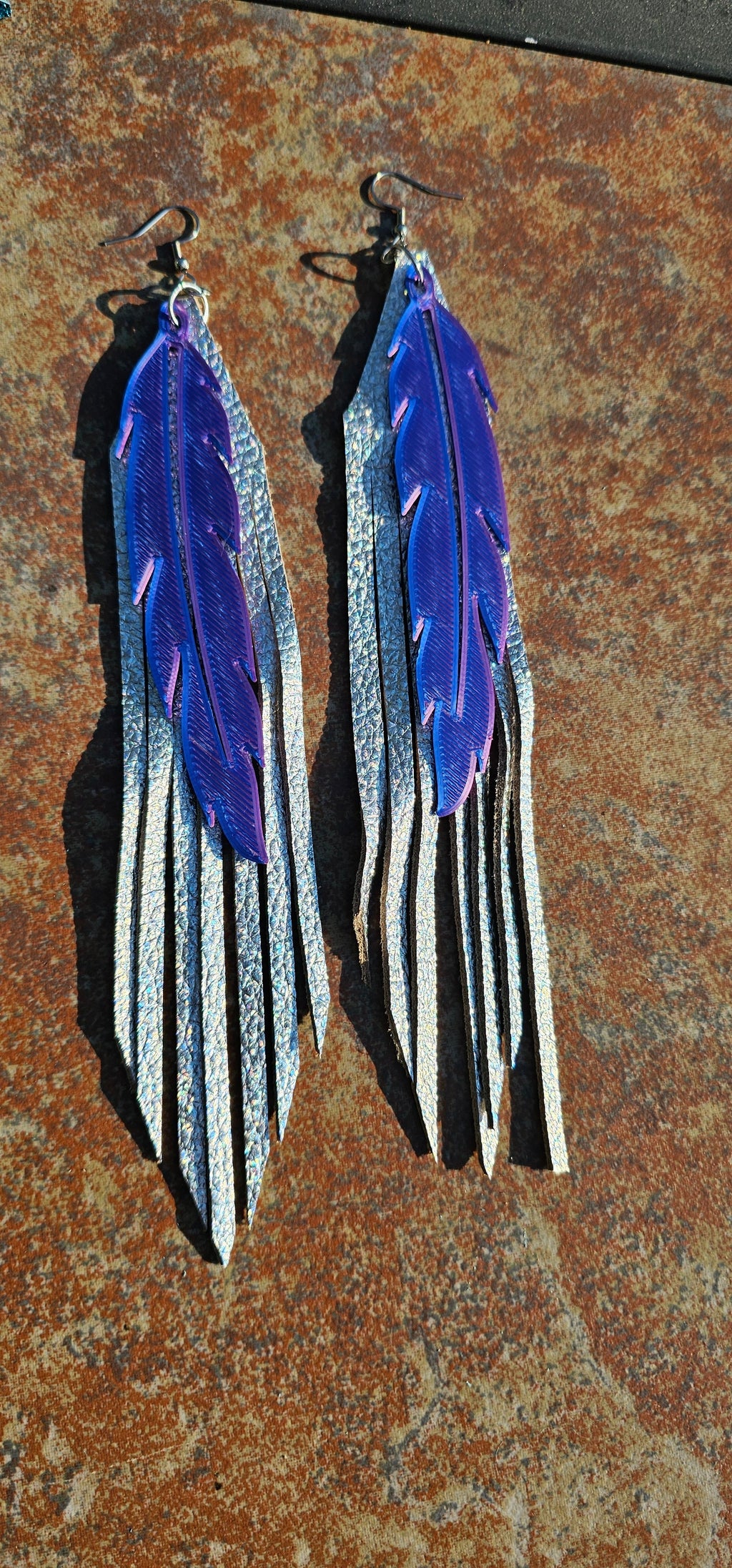 3D Printed Feather Leather Fringe Earrings Made in America by Baha Ranch Western Wear