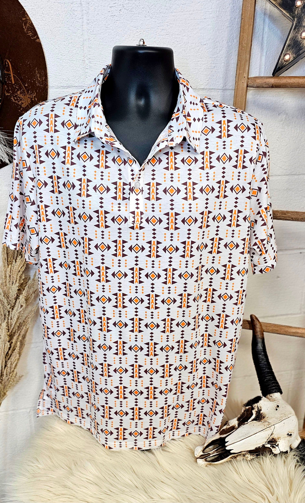Baha Ranch White Aztec Men's Polo Style Shirt by Baha Ranch Western Wear