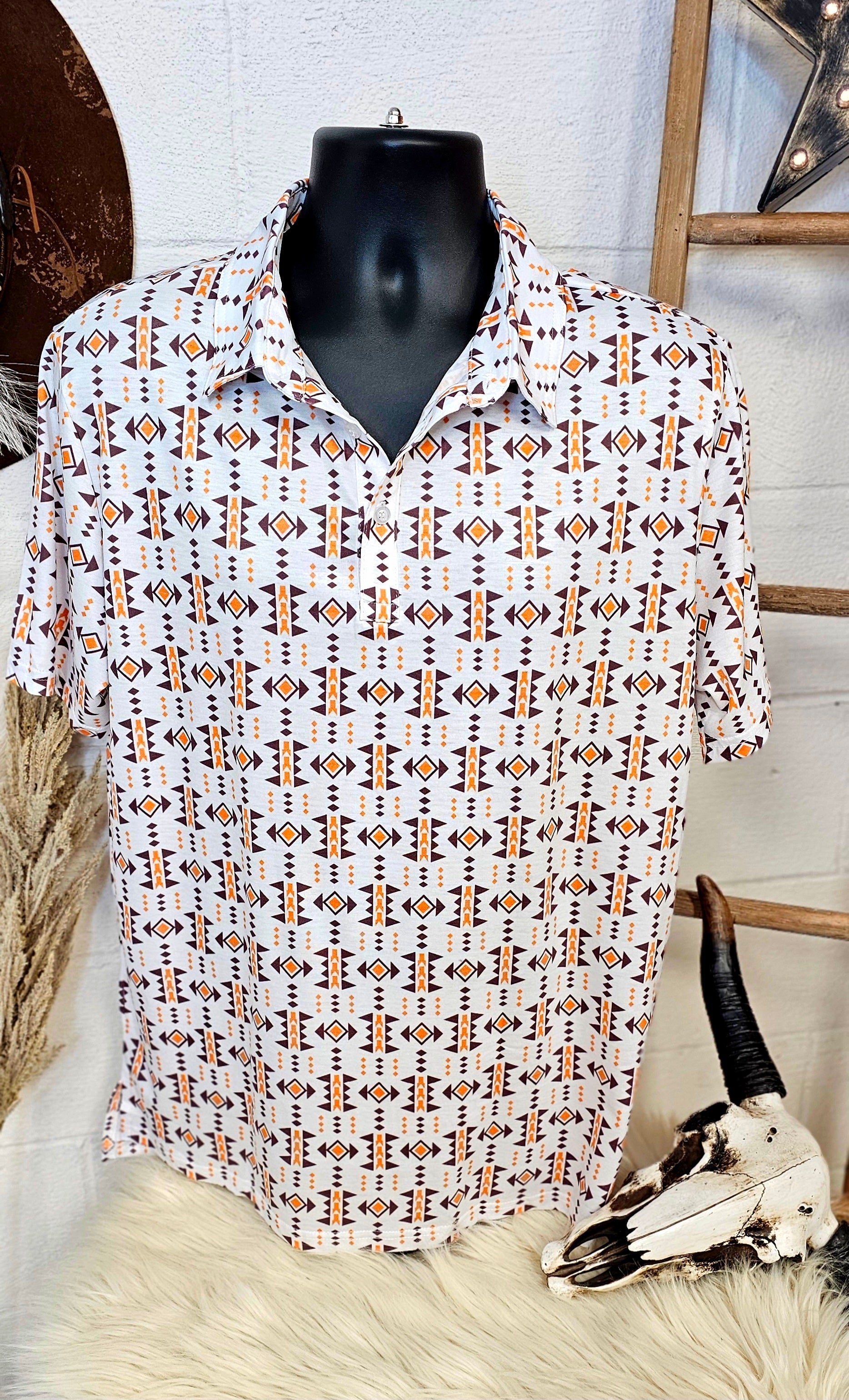 Baha Ranch White Aztec Men's Polo Style Shirt by Baha Ranch Western Wear