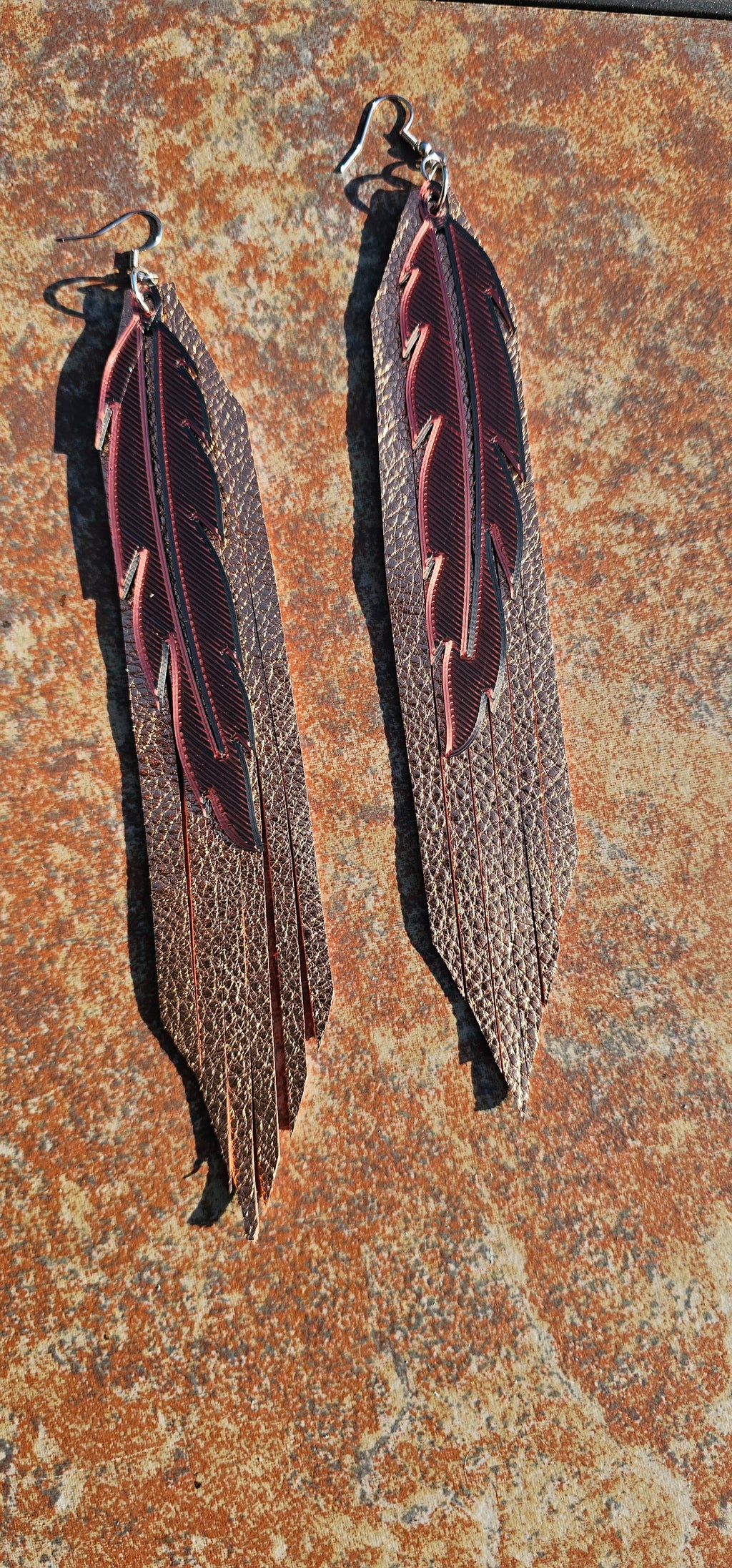 3D Printed Feather Leather Fringe Earrings Made in America by Baha Ranch Western Wear