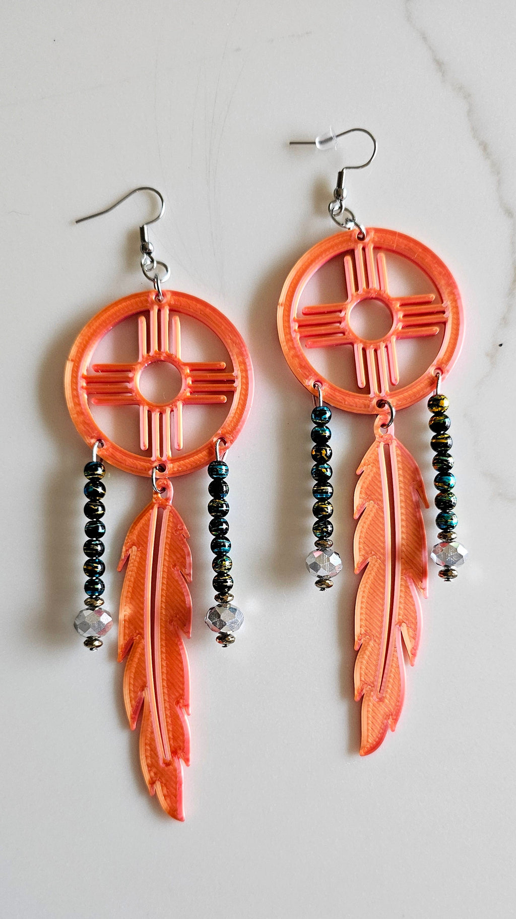 3D print Lightweight Orange New Mexico Zia Feather Dream Catcher Earrings Made in America by Baha Ranch Western Wear