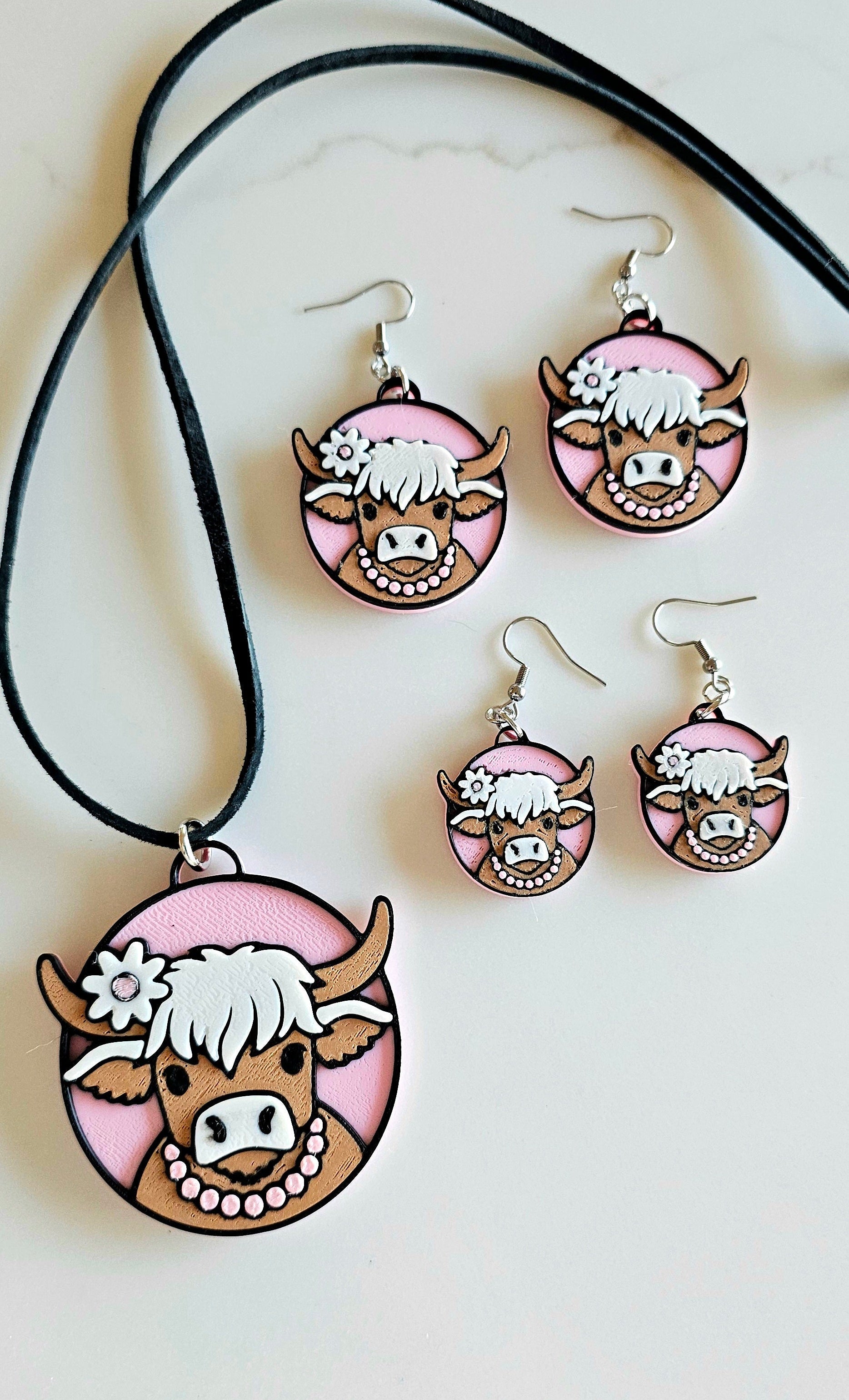 3D Print Cowgirl Highland Cow Picture Necklace or Earrings Western Made in America by Baha Ranch Western Wear - product...