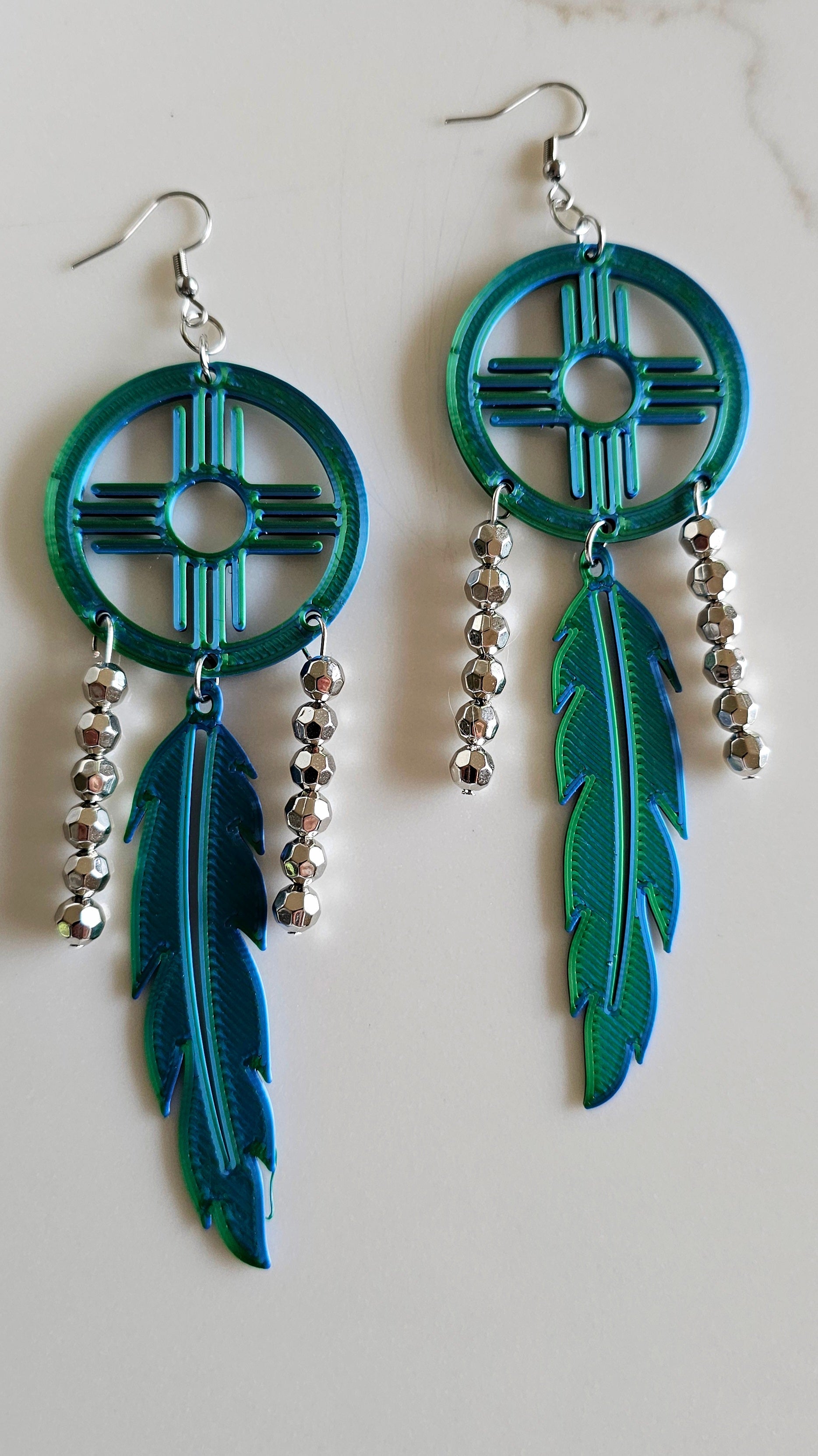 3D print Lightweight Green New Mexico Zia Feather Dream Catcher Earrings Made in America by Baha Ranch Western Wear