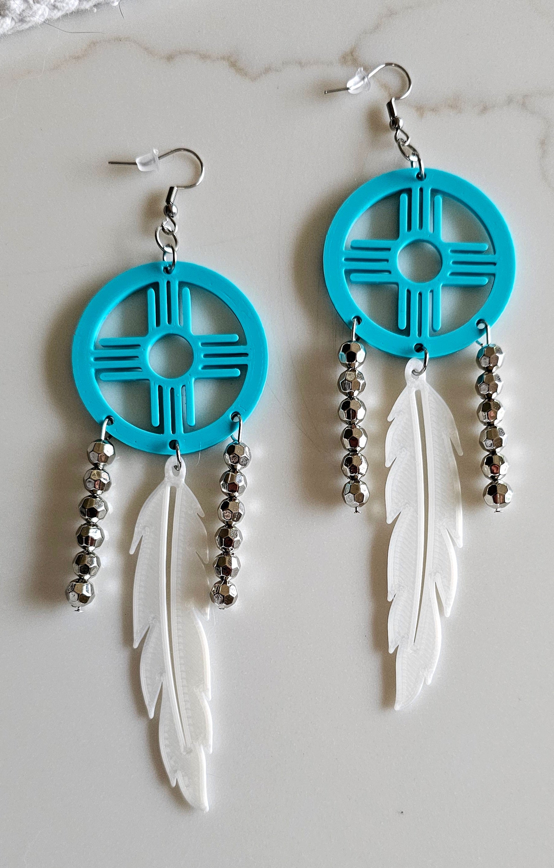 3D print Lightweight Turquoise New Mexico Zia Feather Dream Catcher Earrings Made in America by Baha Ranch Western Wear