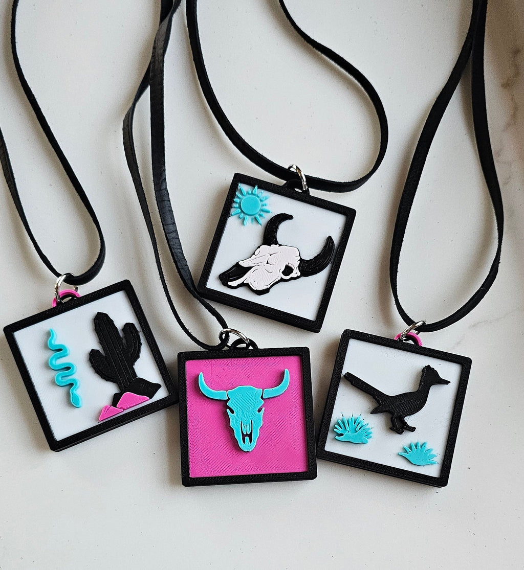 3D Print Picture Necklace on Deerskin Leather Western Bull Skull Desert Cactus Made in America by Baha Ranch Western Wear