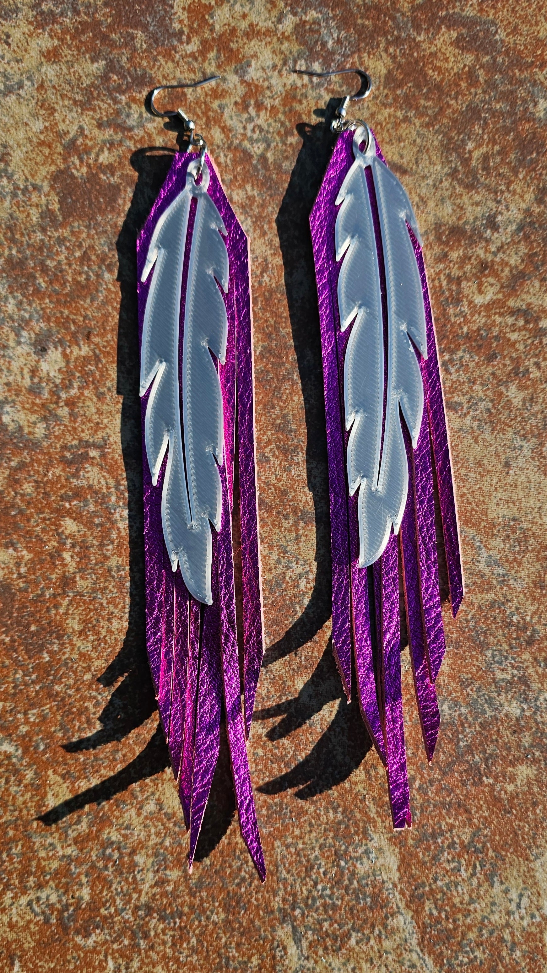 3D Printed Feather Leather Fringe Earrings Made in America by Baha Ranch Western Wear