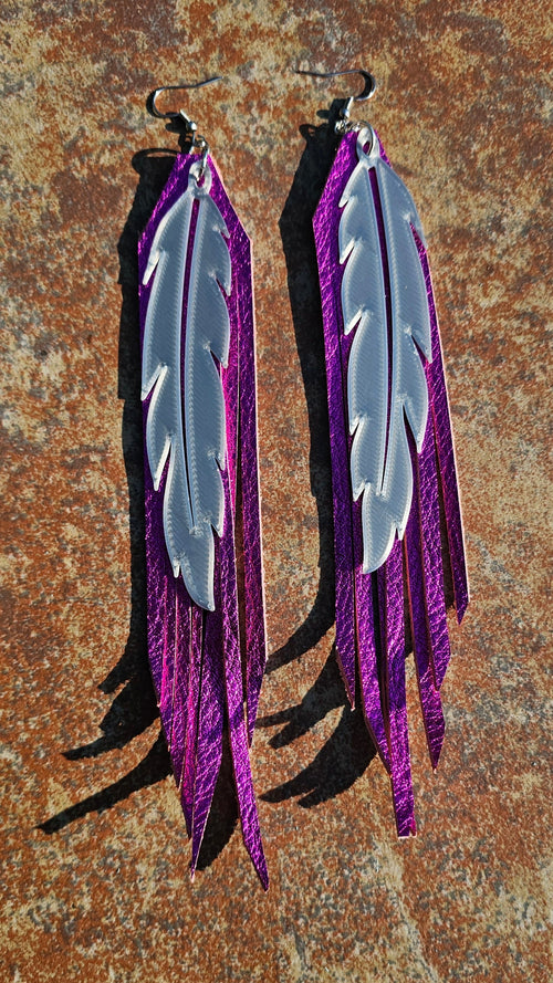 3D Printed Feather Leather Fringe Earrings Made in America by Baha Ranch Western Wear
