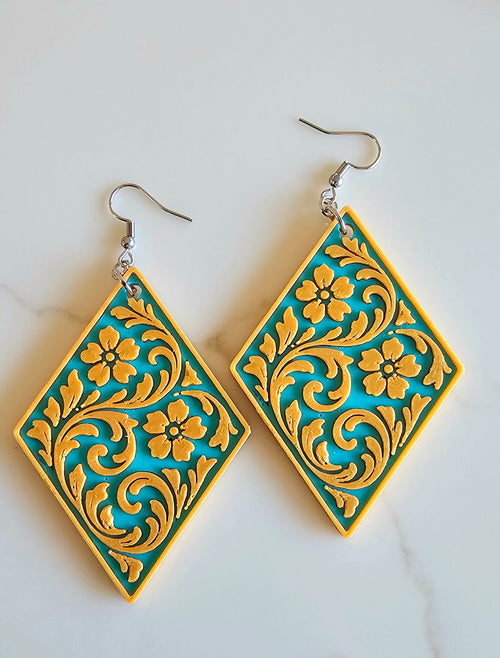 3D Print Western Tooled Mustard Gold on Turquoise Earrings Made in America by Baha Ranch Western Wear