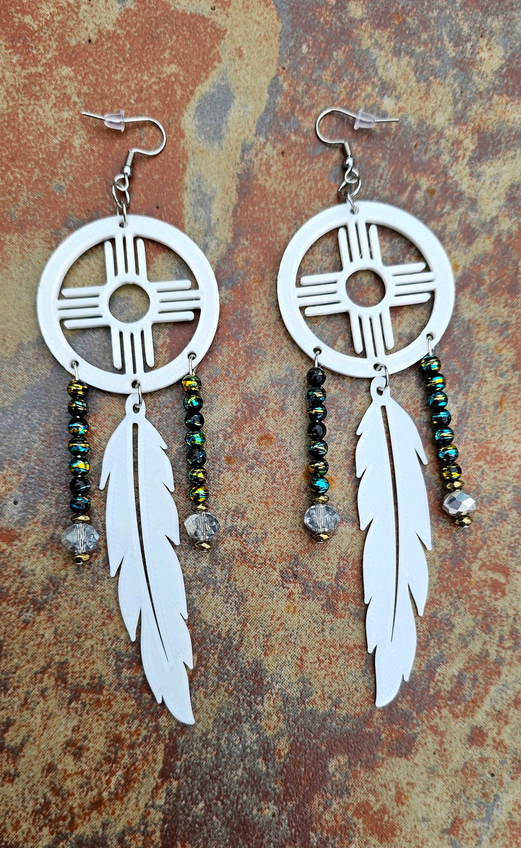 3D print Lightweight New Mexico Zia Feather Dream Catcher Earrings Made in America by Baha Ranch Western Wear