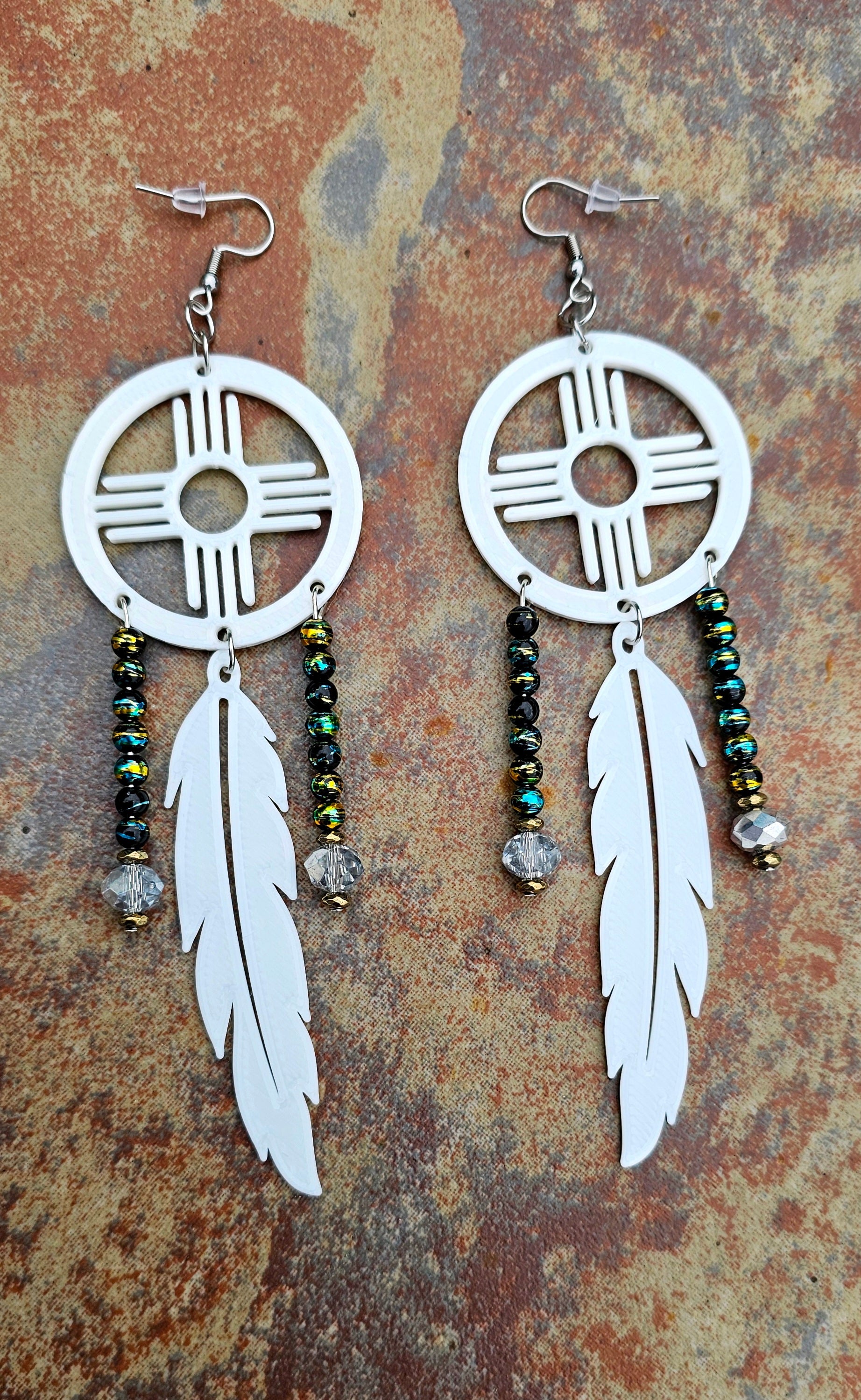 3D print Lightweight New Mexico Zia Feather Dream Catcher Earrings Made in America by Baha Ranch Western Wear