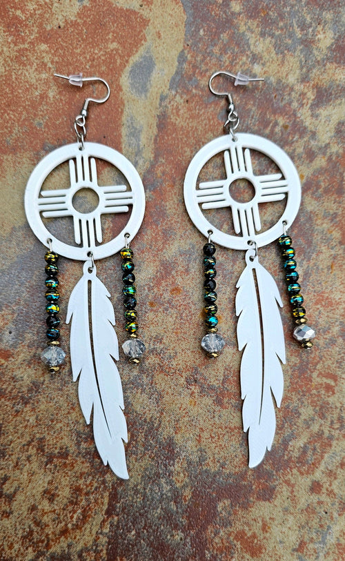 3D print Lightweight New Mexico Zia Feather Dream Catcher Earrings Made in America by Baha Ranch Western Wear