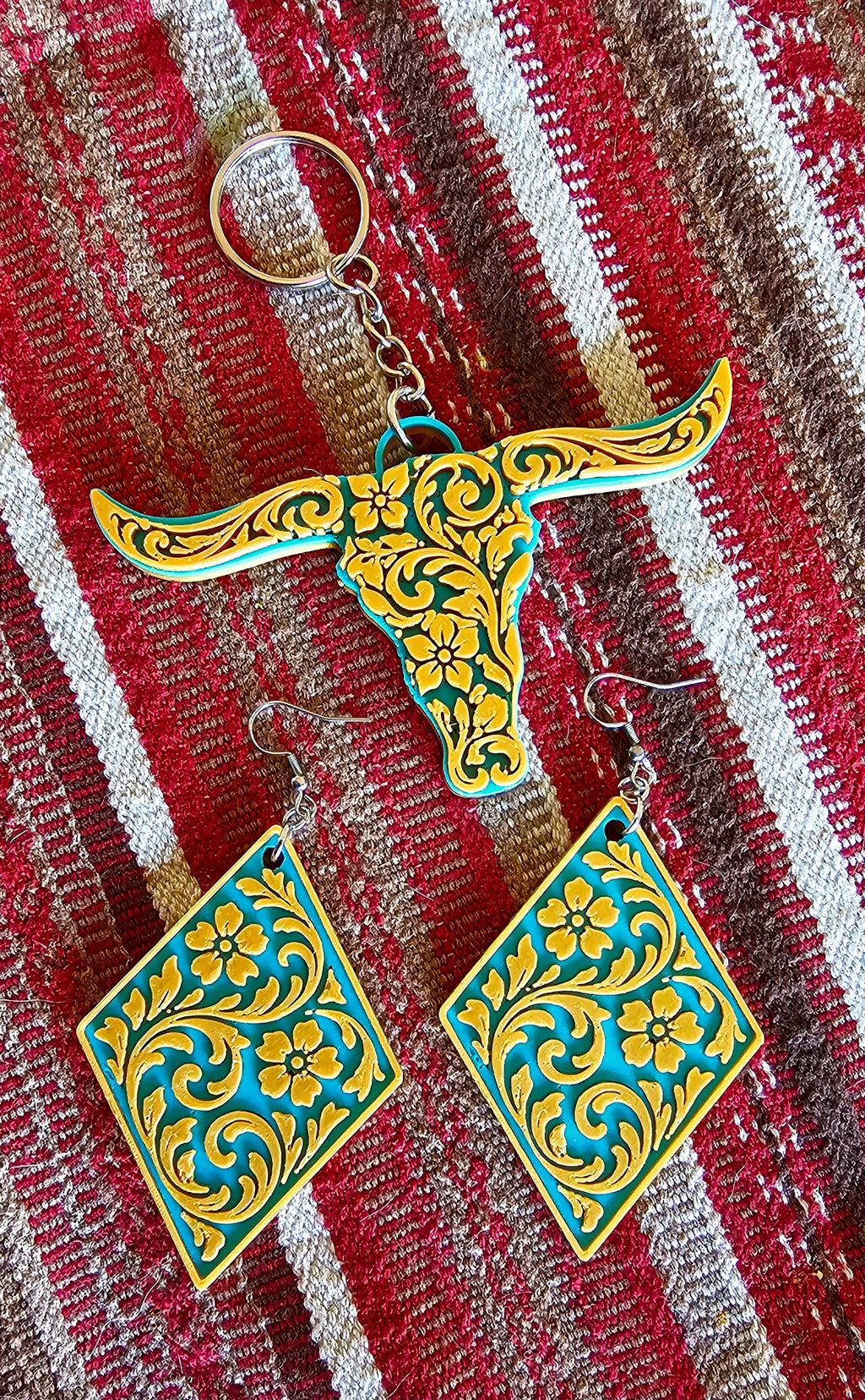 3D Print Western Tooled Mustard Gold on Turquoise Earrings Made in America by Baha Ranch Western Wear - product image 3