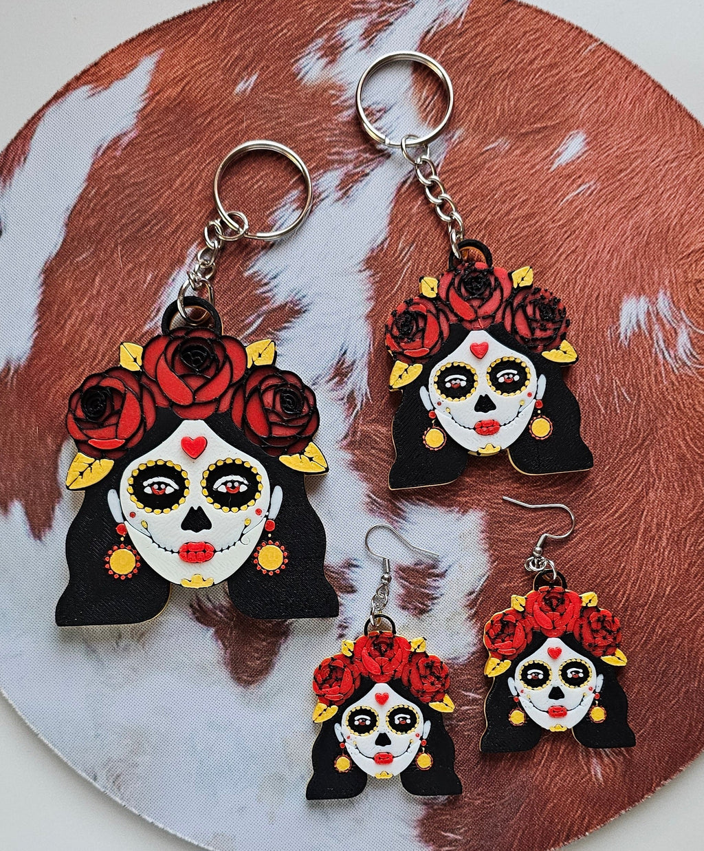 3D Print Mexico Theme Día de los Muertos Day of The Dead Sugar Skull Keychain or Earrings by Baha Ranch Western Wear