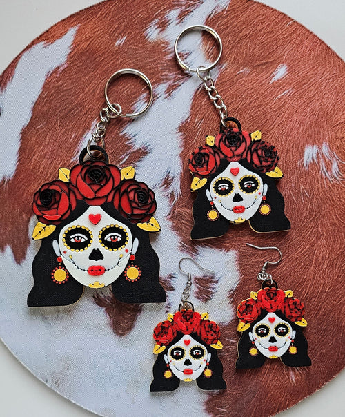 3D Print Mexico Theme Día de los Muertos Day of The Dead Sugar Skull Keychain or Earrings by Baha Ranch Western Wear