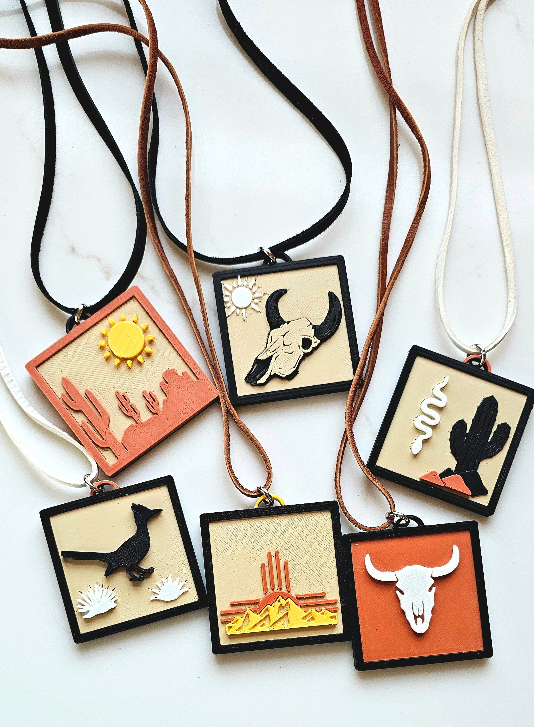3D Print Picture Necklace on Deerskin Leather Western Bull Skull Desert Cactus Made in America by Baha Ranch Western Wear