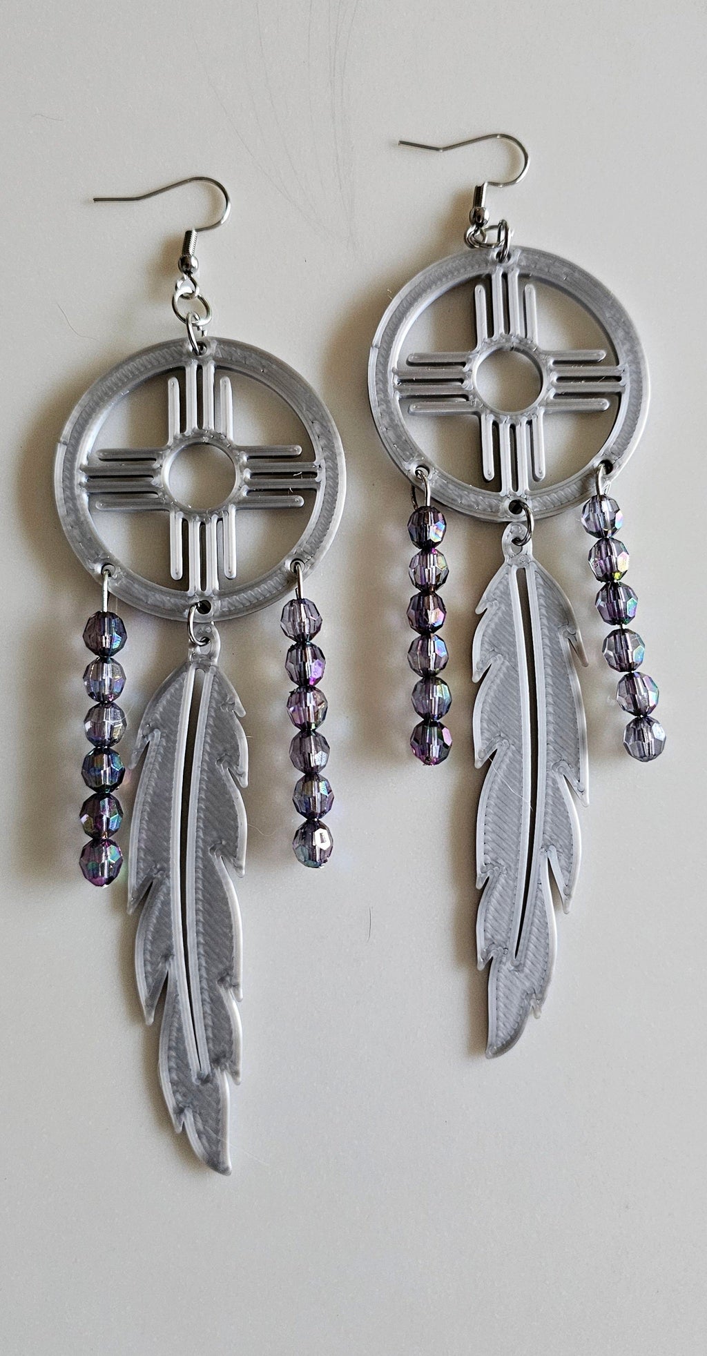 3D print Lightweight Silver New Mexico Zia Feather Dream Catcher Earrings Made in America by Baha Ranch Western Wear