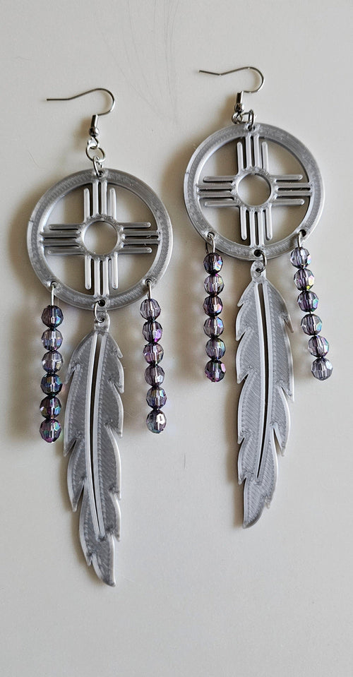 3D print Lightweight Silver New Mexico Zia Feather Dream Catcher Earrings Made in America by Baha Ranch Western Wear