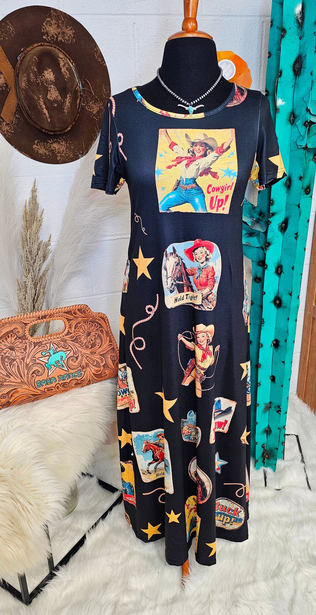 Baha Ranch Vintage Cowgirl Collage Western Dress by Baha Ranch Western Wear