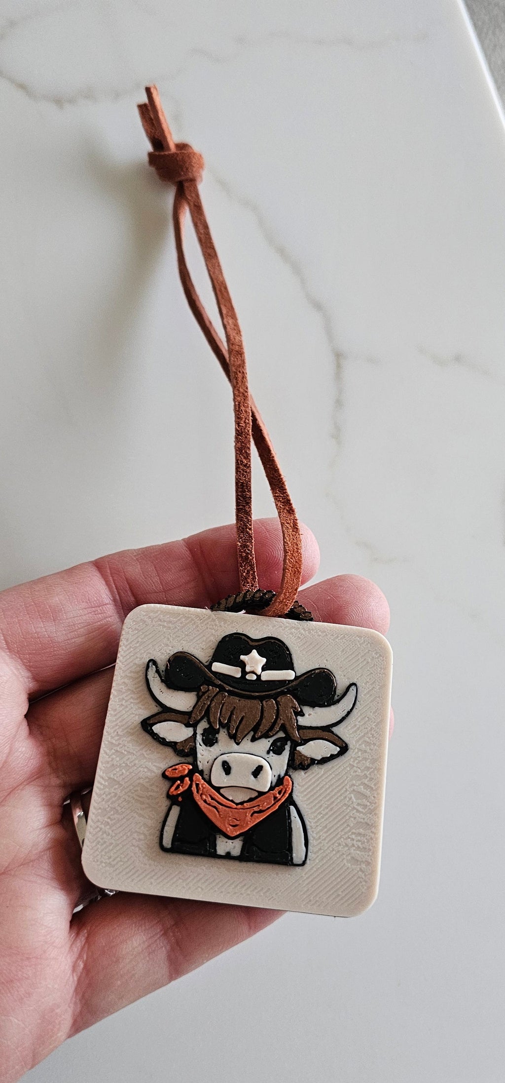 3D Print Cowboy Highland Cow Picture Necklace, Keychain or Purse Charm on Suede Leather Western Made in America by Baha...
