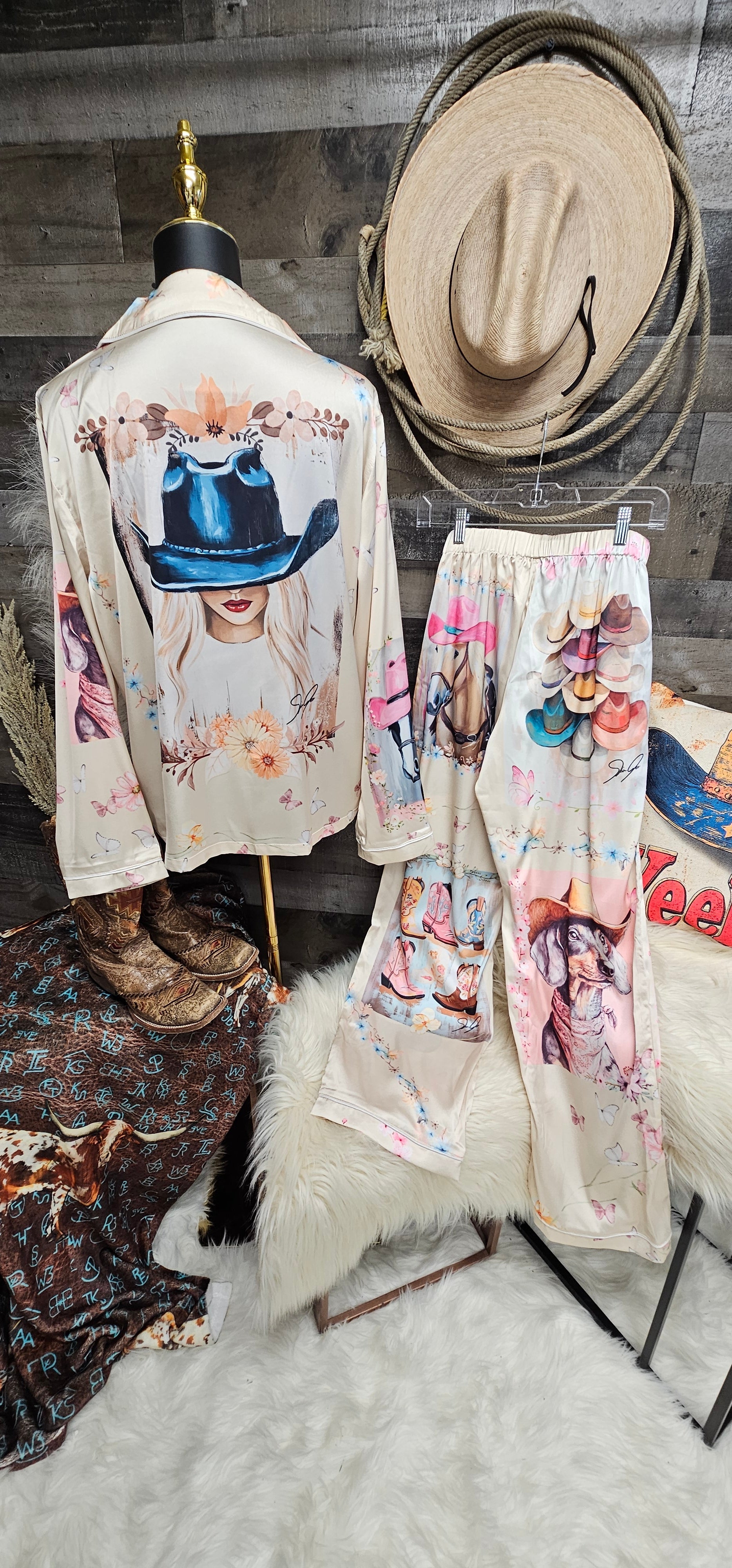 Baha Ranch Danilo Painted Cowgirl Satin Long Pajamas by Baha Ranch Western Wear - product image 2