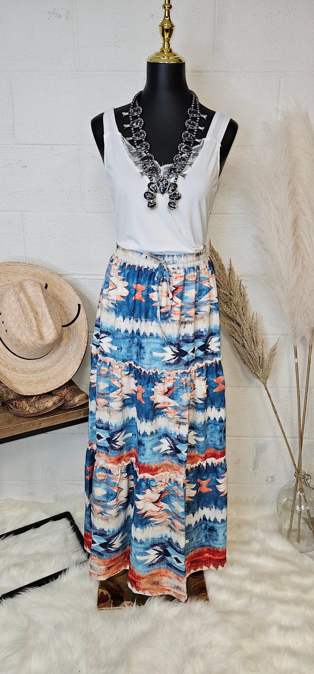 Baha Ranch Blue Aztec Western Prairie Tiered Maxi Skirt by Baha Ranch Western Wear