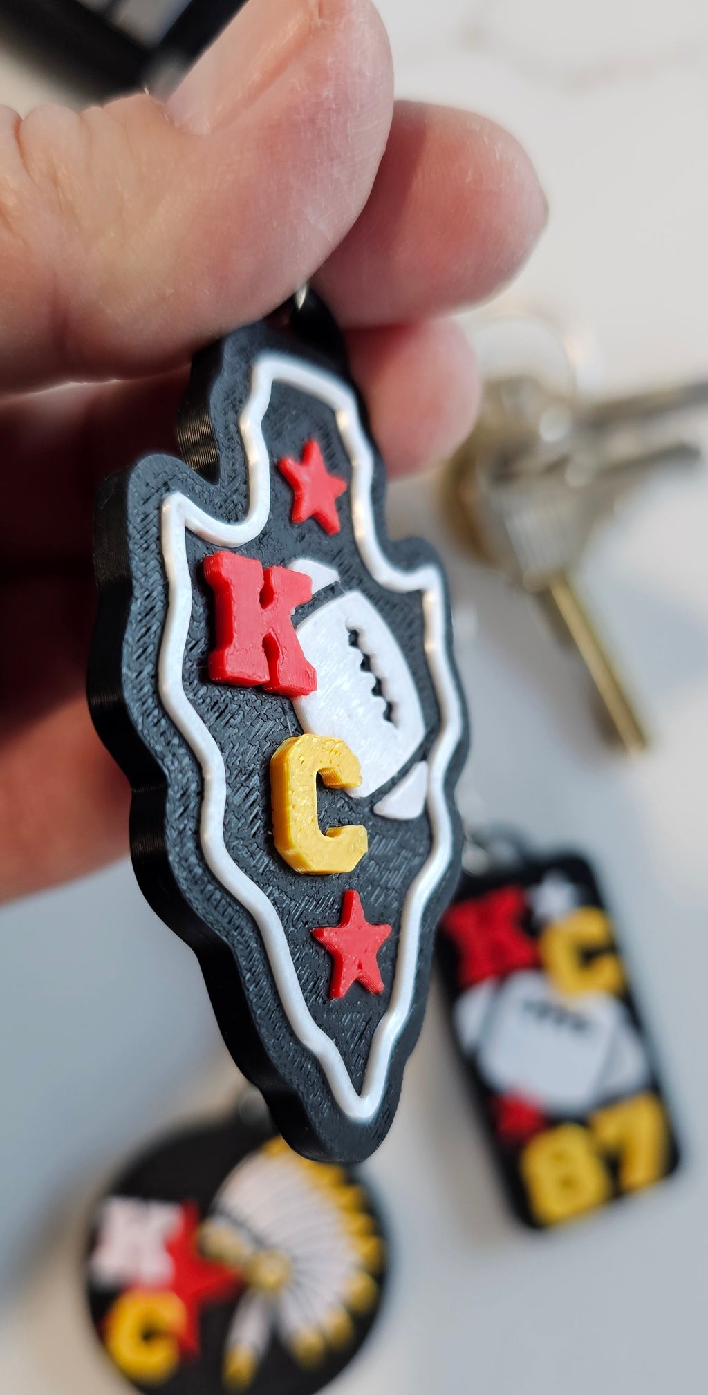 Set of 3 3D Print Chiefs Arrowhead Kc Kansas City 87 Football Keychains Made in America by Baha Ranch Western Wear -...