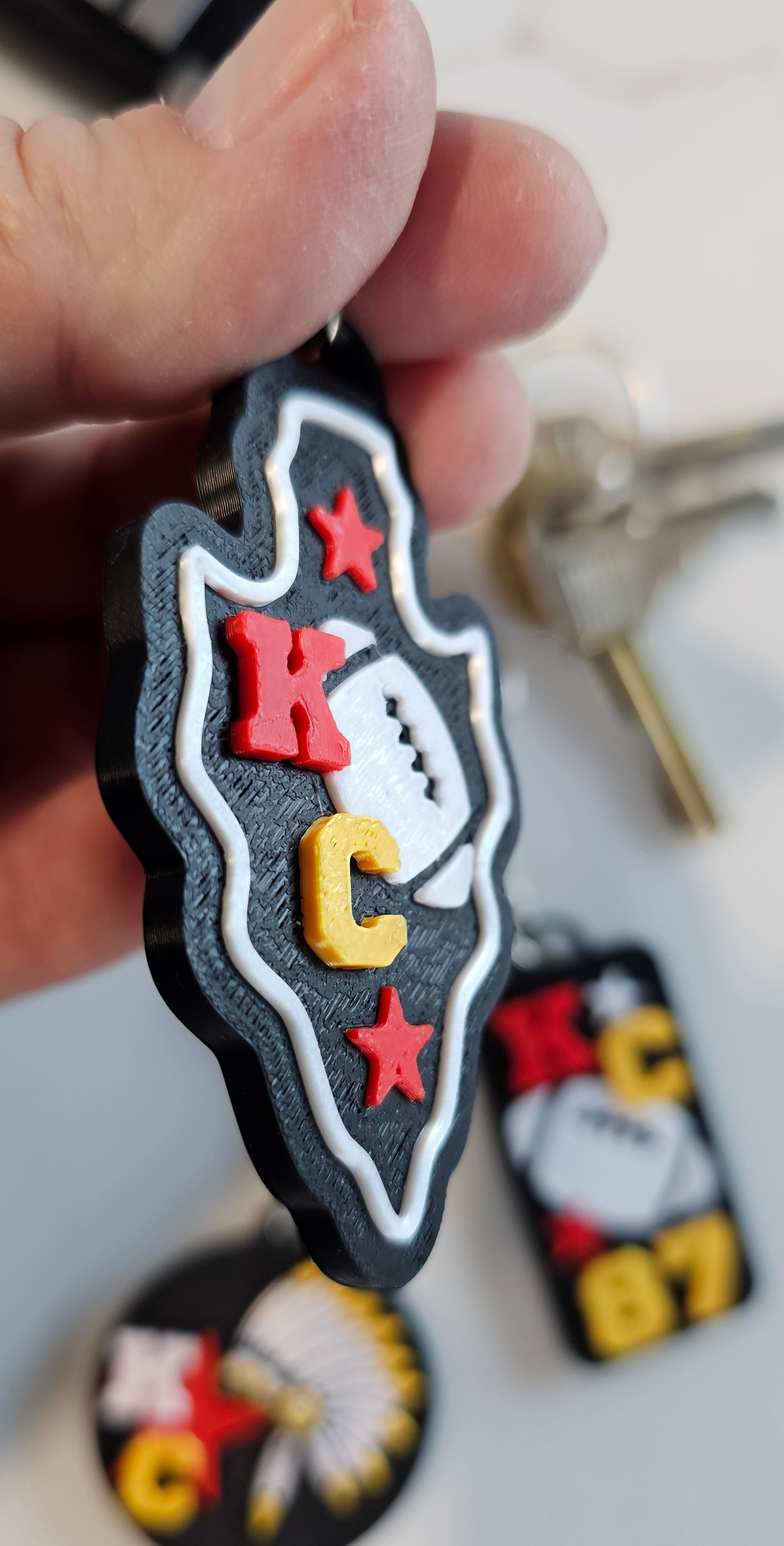 Set of 3 3D Print Chiefs Arrowhead Kc Kansas City 87 Football Keychains Made in America by Baha Ranch Western Wear -...