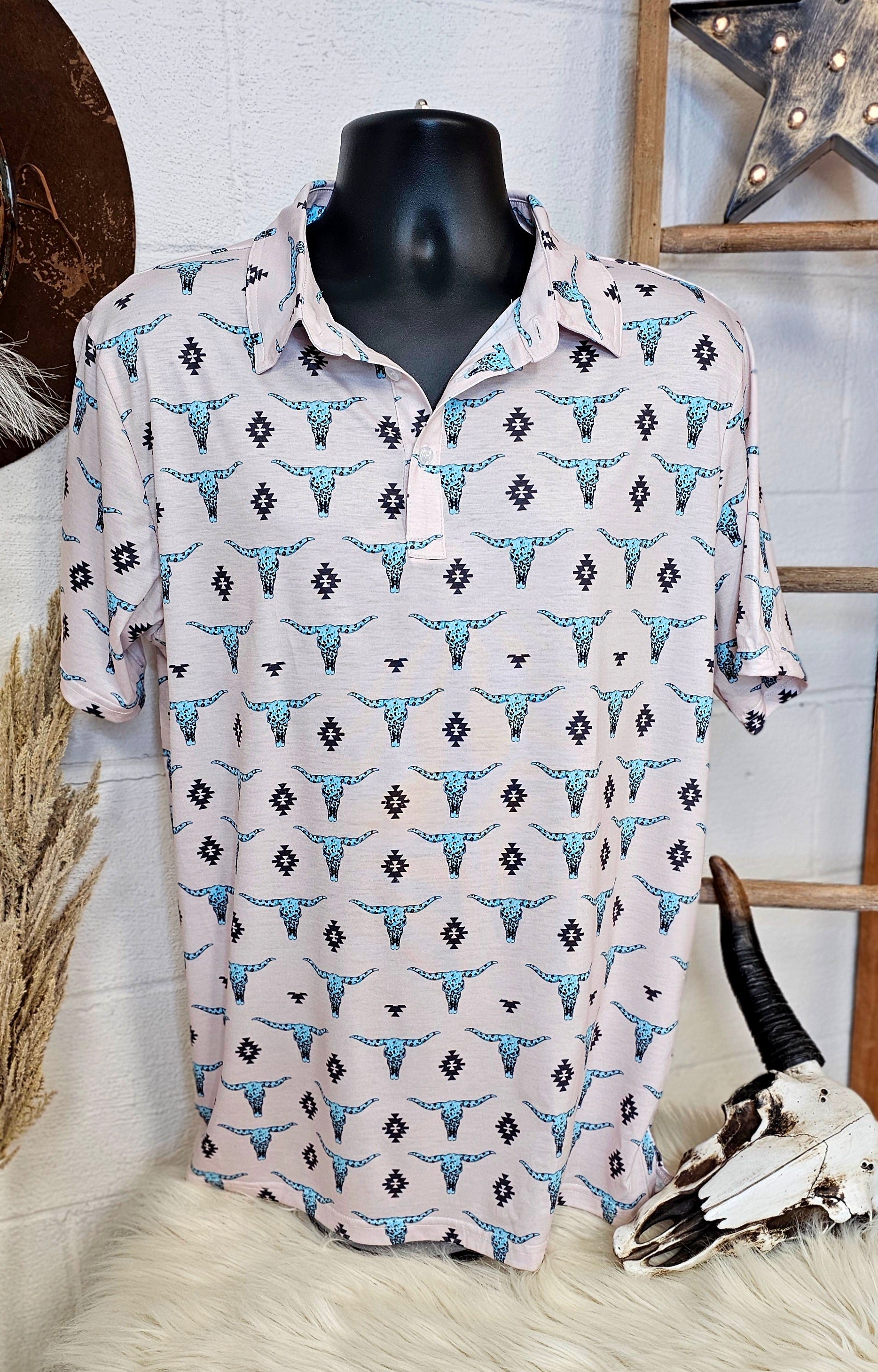 Baha Ranch Turquoise Longhorn Polo Style Shirt by Baha Ranch Western Wear
