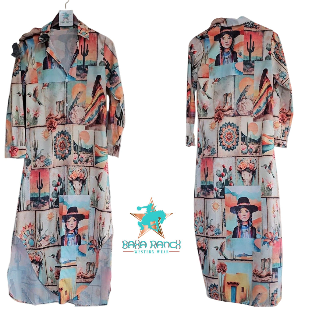 Baha Ranch Colores de Mexico Pictures of the Southwest Button-Up Long Sleeve Shirt Dress Duster by Baha Ranch Western...