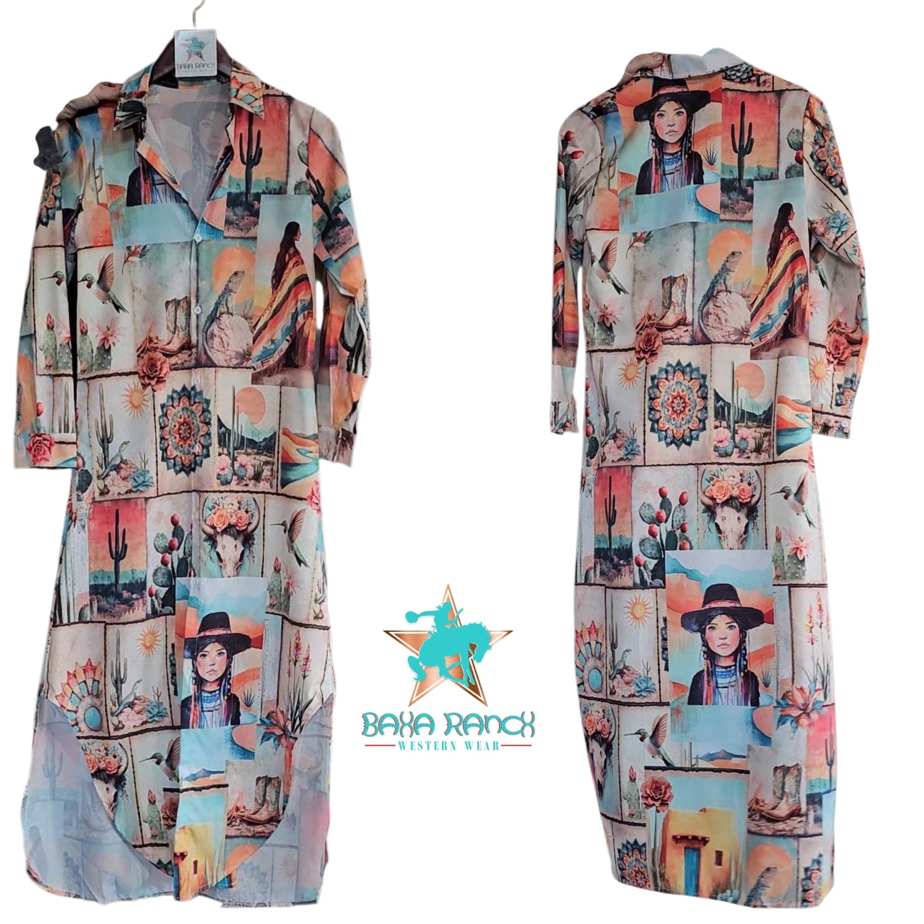 Baha Ranch Colores de Mexico Pictures of the Southwest Button-Up Long Sleeve Shirt Dress Duster by Baha Ranch Western...