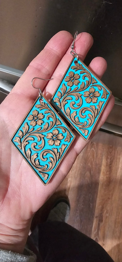 3D Print Western Tooled Bronze-Copper Turquoise Earrings Made in America by Baha Ranch Western Wear