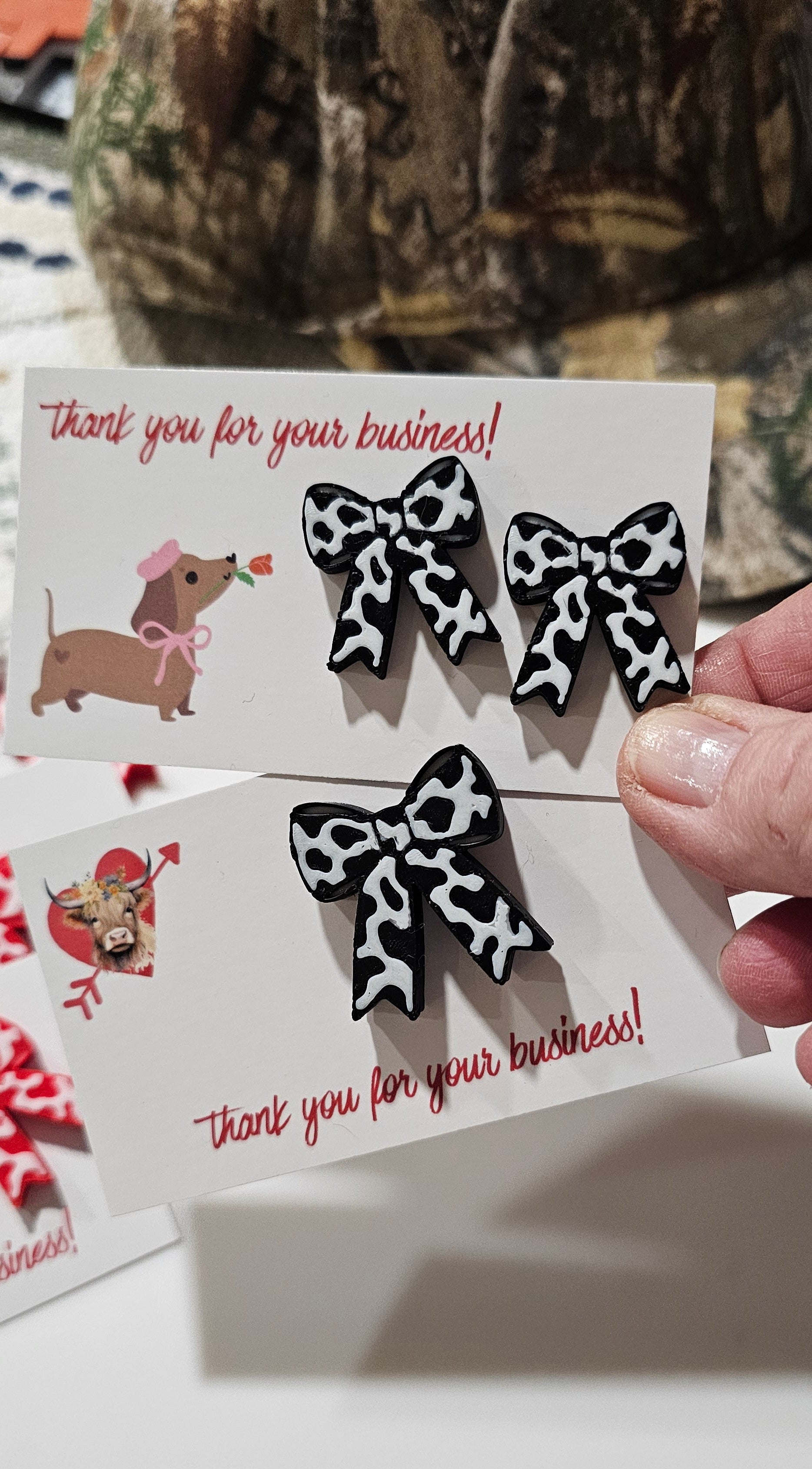Bag of 25 -Boutique 3d Printed Package Inserts Cow Print Bows Pins or Earrings Made in America by Baha Ranch Western Wear...