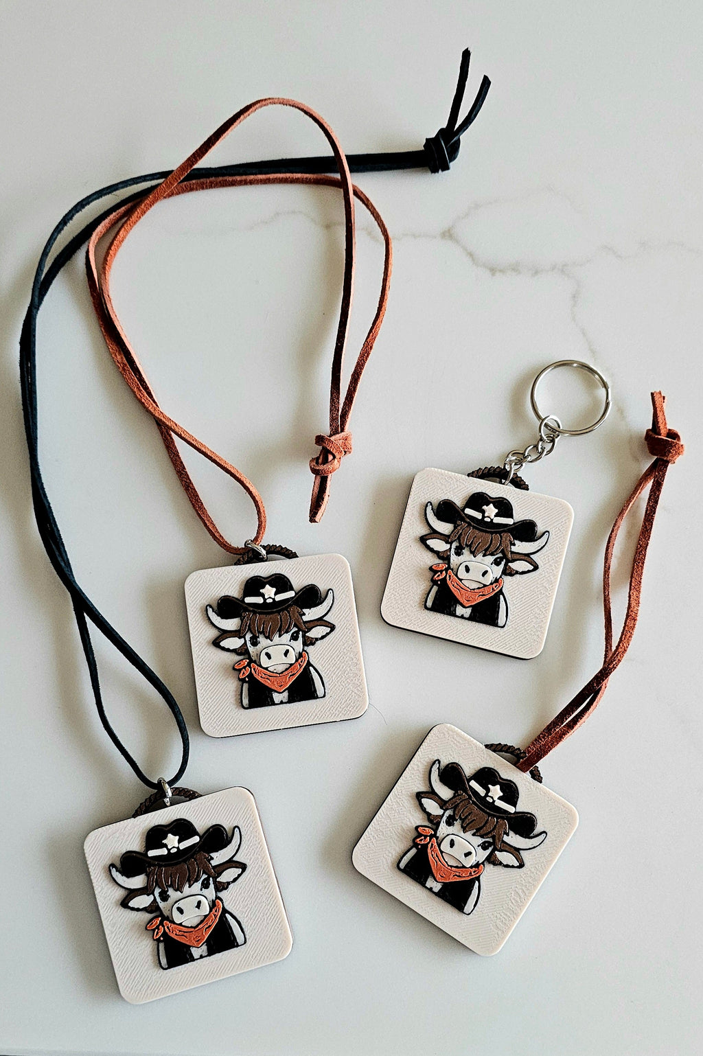 3D Print Cowboy Highland Cow Picture Necklace, Keychain or Purse Charm on Suede Leather Western Made in America by Baha...