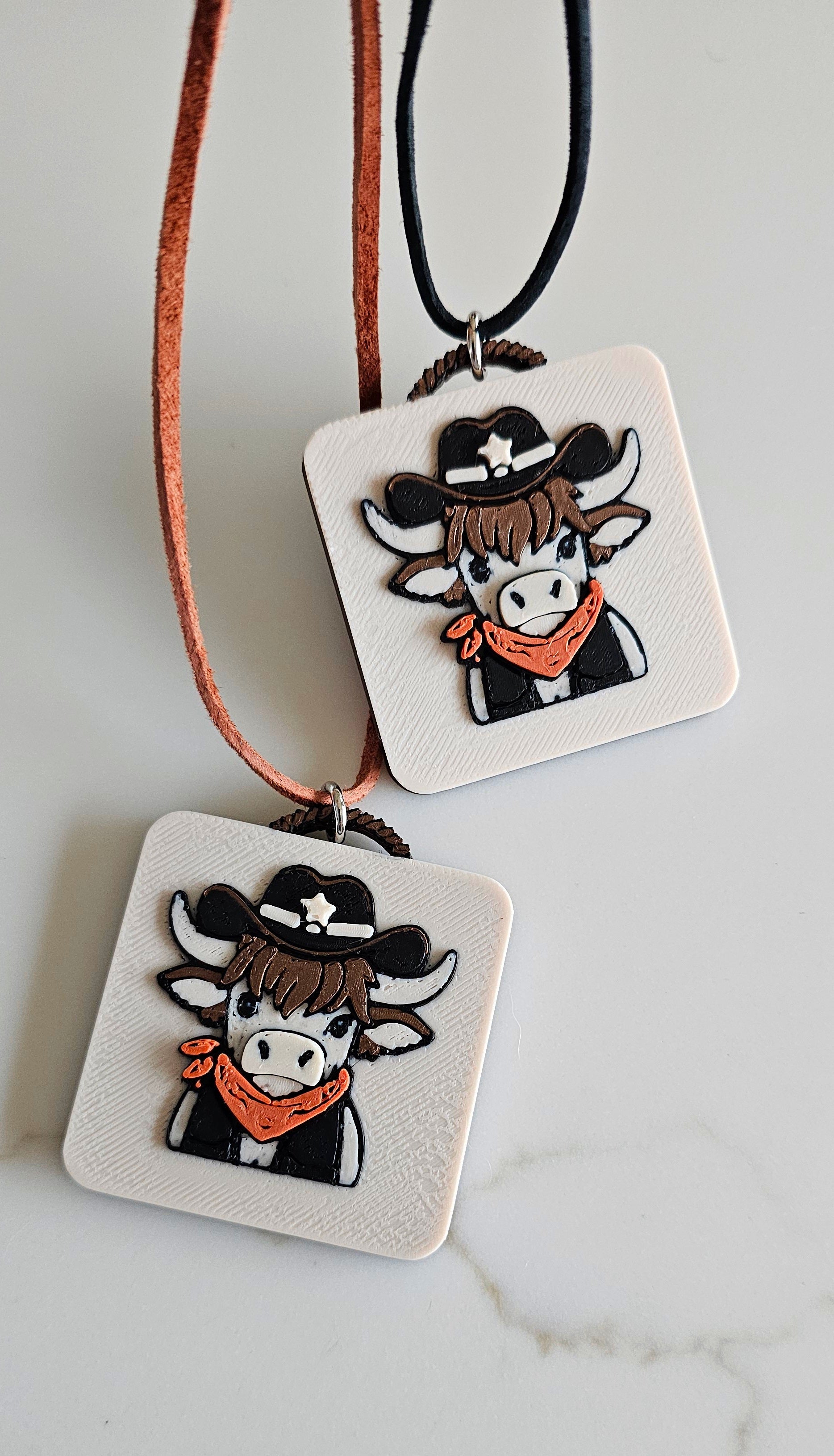 3D Print Cowboy Highland Cow Picture Necklace, Keychain or Purse Charm on Suede Leather Western Made in America by Baha...