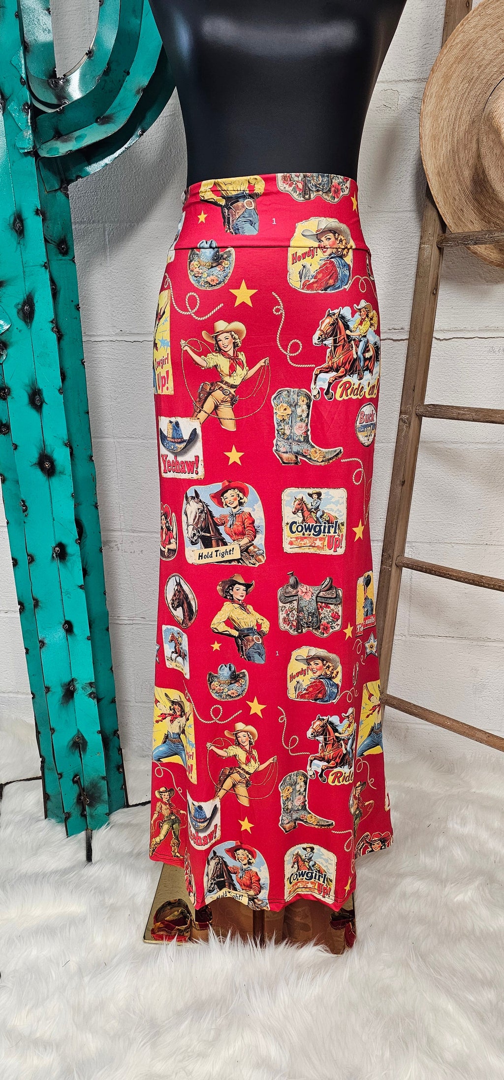 Baha Ranch Vintage Cowgirl Collage Western Maxi Skirt by Baha Ranch Western Wear