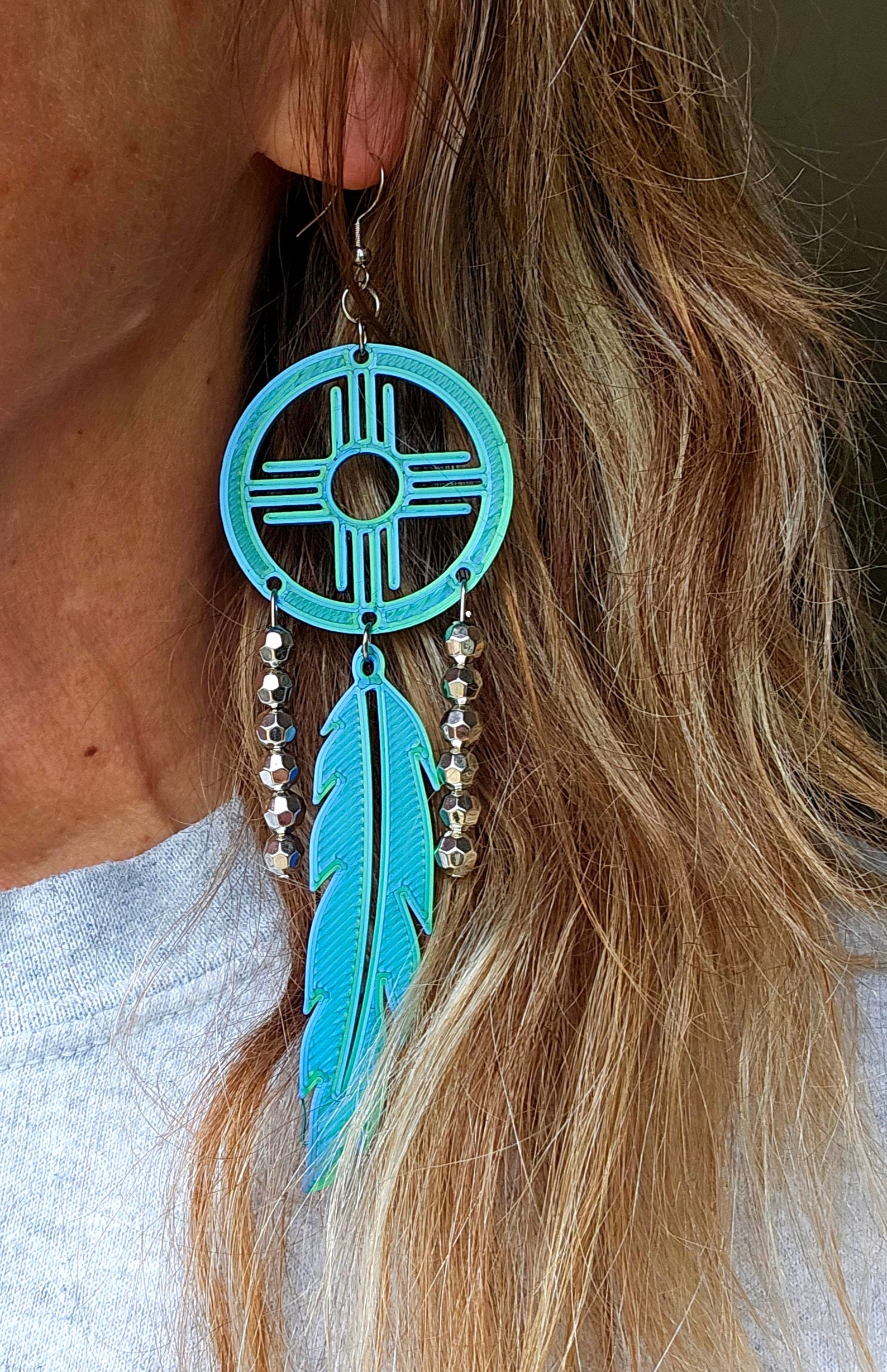 3D print Lightweight Green New Mexico Zia Feather Dream Catcher Earrings Made in America by Baha Ranch Western Wear -...