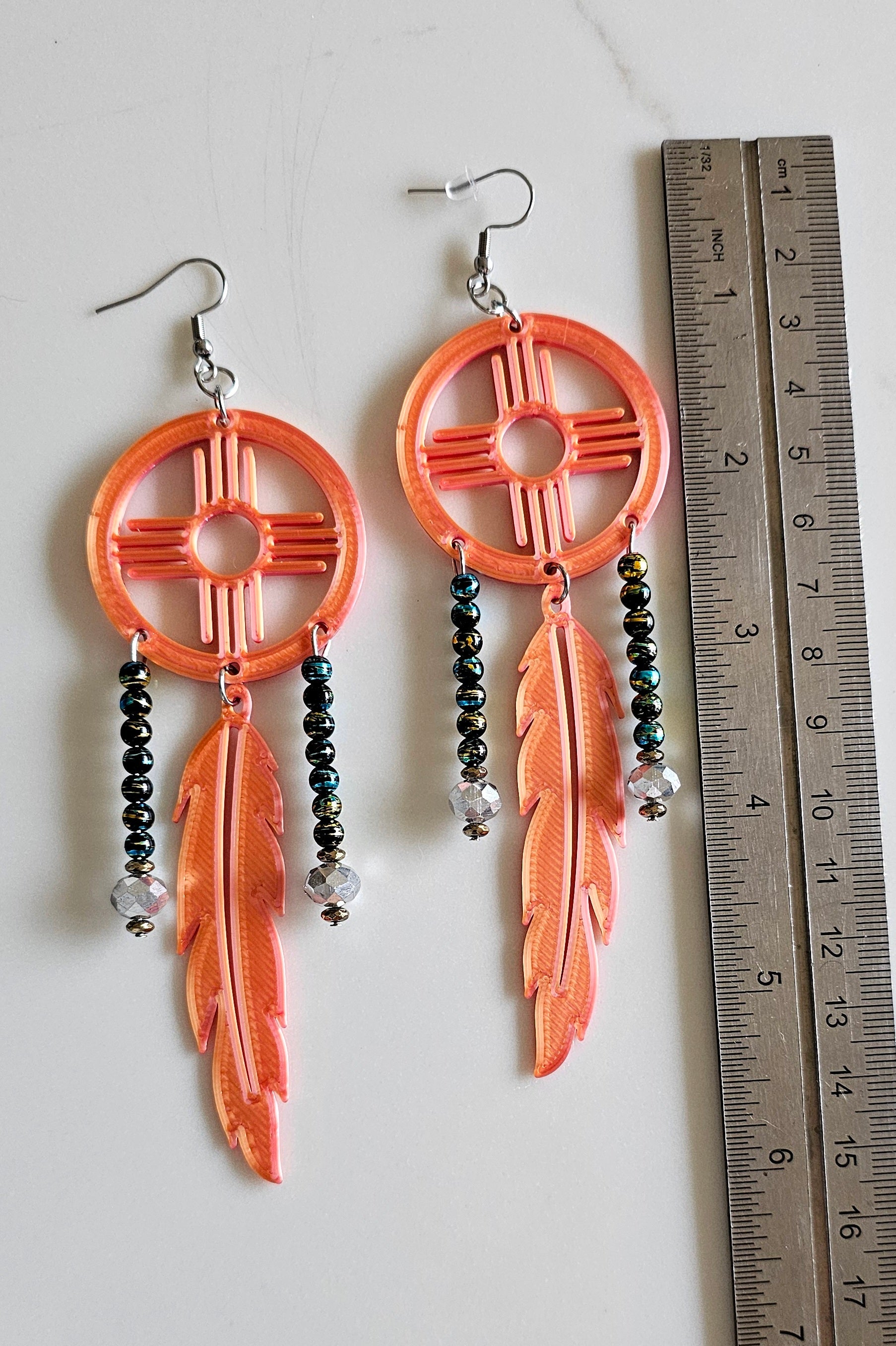 3D print Lightweight Orange New Mexico Zia Feather Dream Catcher Earrings Made in America by Baha Ranch Western Wear -...