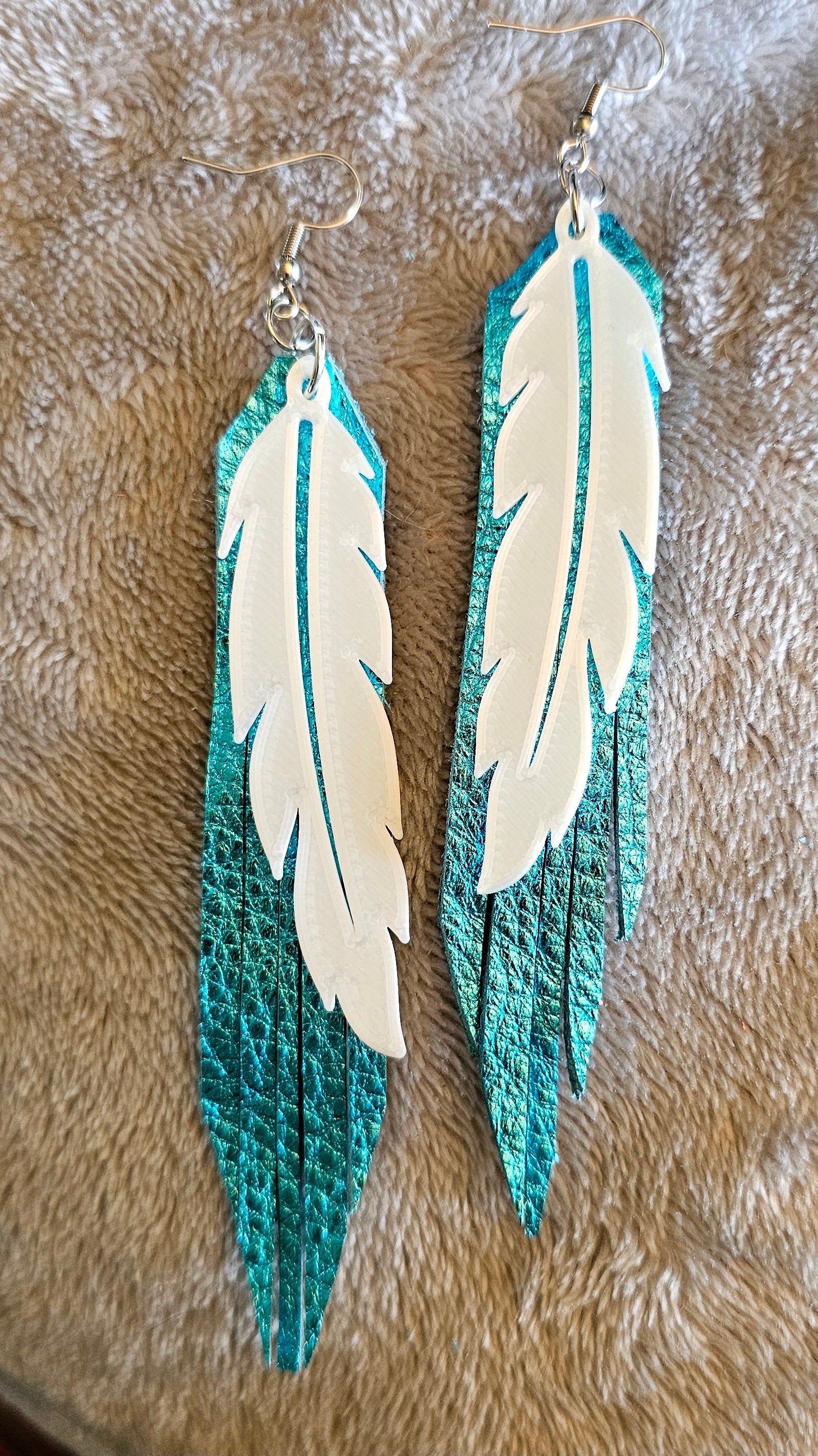 3D Printed Feather Leather Fringe Earrings Made in America by Baha Ranch Western Wear