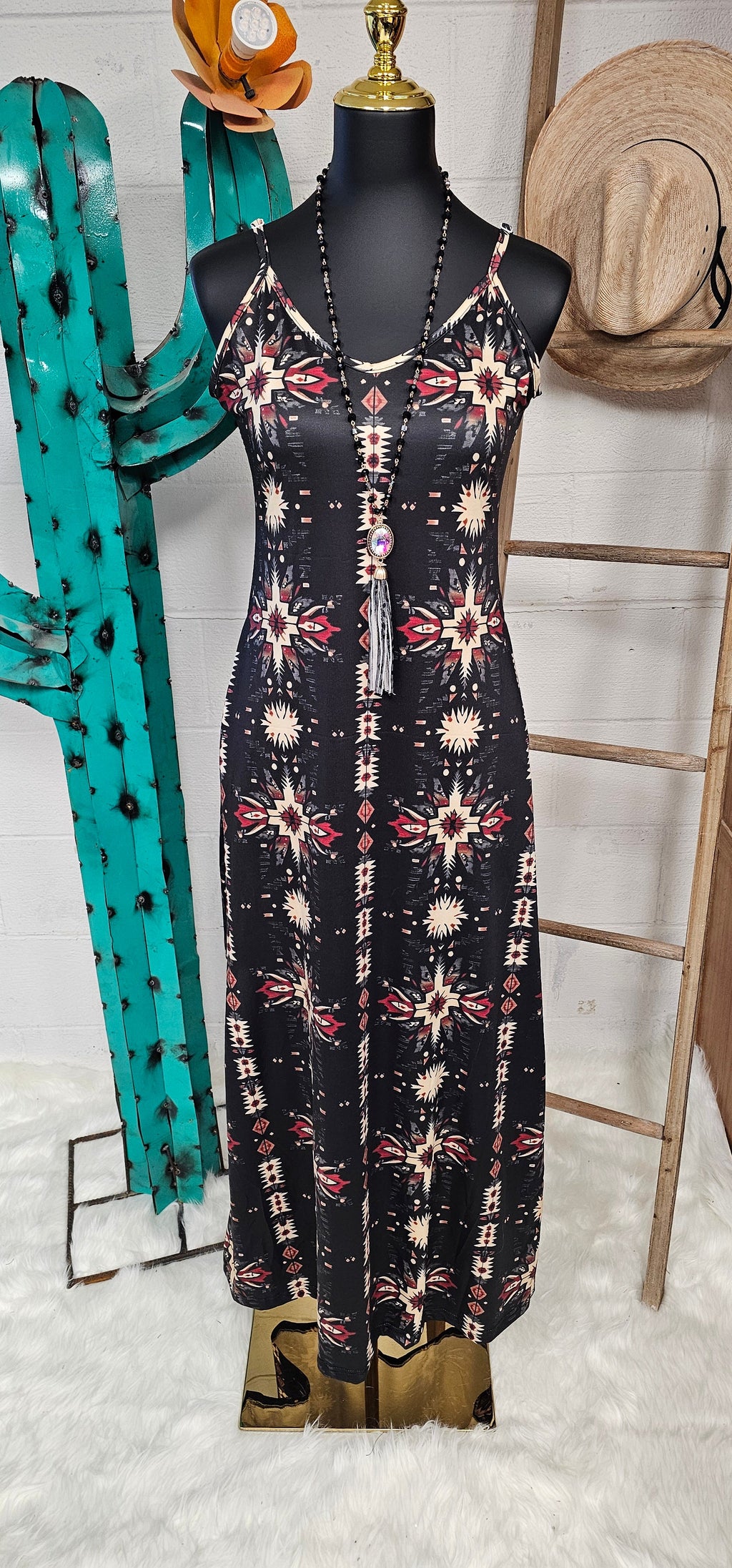 Baha Ranch Black and Tan Southwestern Aztec Western Maxi Dress by Baha Ranch Western Wear