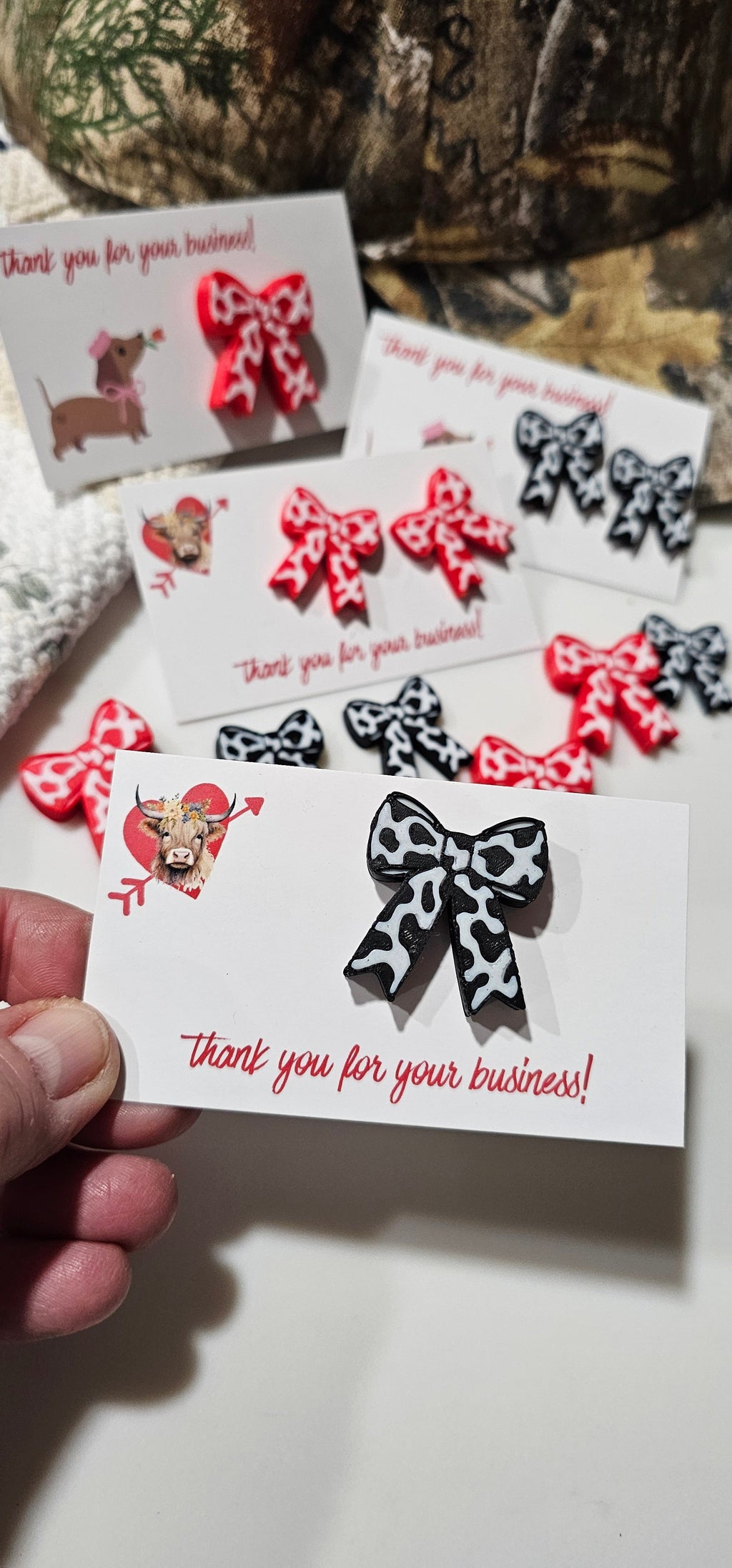 Bag of 25 -Boutique 3d Printed Package Inserts Cow Print Bows Pins or Earrings Made in America by Baha Ranch Western Wear...
